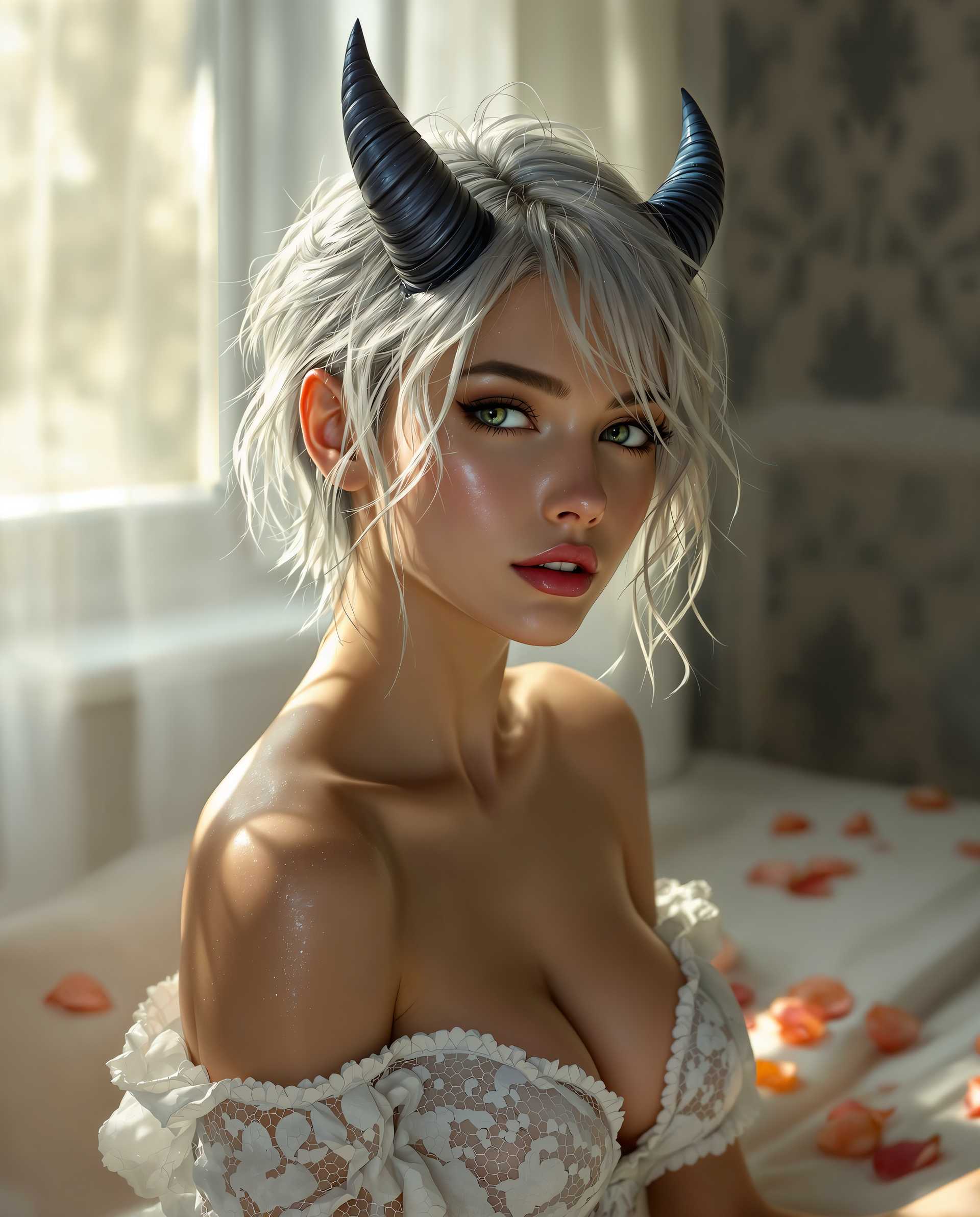 masterpiece, best quality, highres, sharp image, more detail <lora:more_details:0.5> <lora:SDXLrender_v2.0:1>, A hyper-realistic digital painting of a young woman with a striking, fantasy-inspired appearance, captured in an intimate and romantic setting. She has short, silver hair, tousled playfully with a few strands sticking out, adorned with two sleek, dark blue horns protruding elegantly from the top of her head, blending realism with a touch of the fantastical. Her attire consists of a white lace clothing, intricately detailed with delicate patterns, visibly wet and glistening with moisture, the fabric clinging to her skin with realistic reflections and highlights that catch the soft light, emphasizing a freshly bathed or dewy texture. The scene is set in a cozy, softly lit room with vintage patterned wallpaper in muted grays and blues, featuring a window draped with sheer curtains. Warm, golden sunlight streams through, casting gentle shadows and illuminating the wet sheen of her clothing, creating a serene and sensual ambiance. Scattered rose petals in subtle shades of pink and red lie on a nearby bed, adding a romantic and intimate touch to the composition. The camera angle is slightly low, framing her centrally with a close-up focus on her detailed features and the interplay of light on her wet attire, while the background softly blurs to maintain emphasis on her. The color palette is dominated by soft whites, grays, and blues, with the warm sunlight and petal accents introducing delicate warmth, enhancing the overall mood of fantasy, romance. The artwork showcases impeccable attention to texture, shading, and light play, with a photorealistic style reminiscent of high-end fashion photography combined with digital artistry.