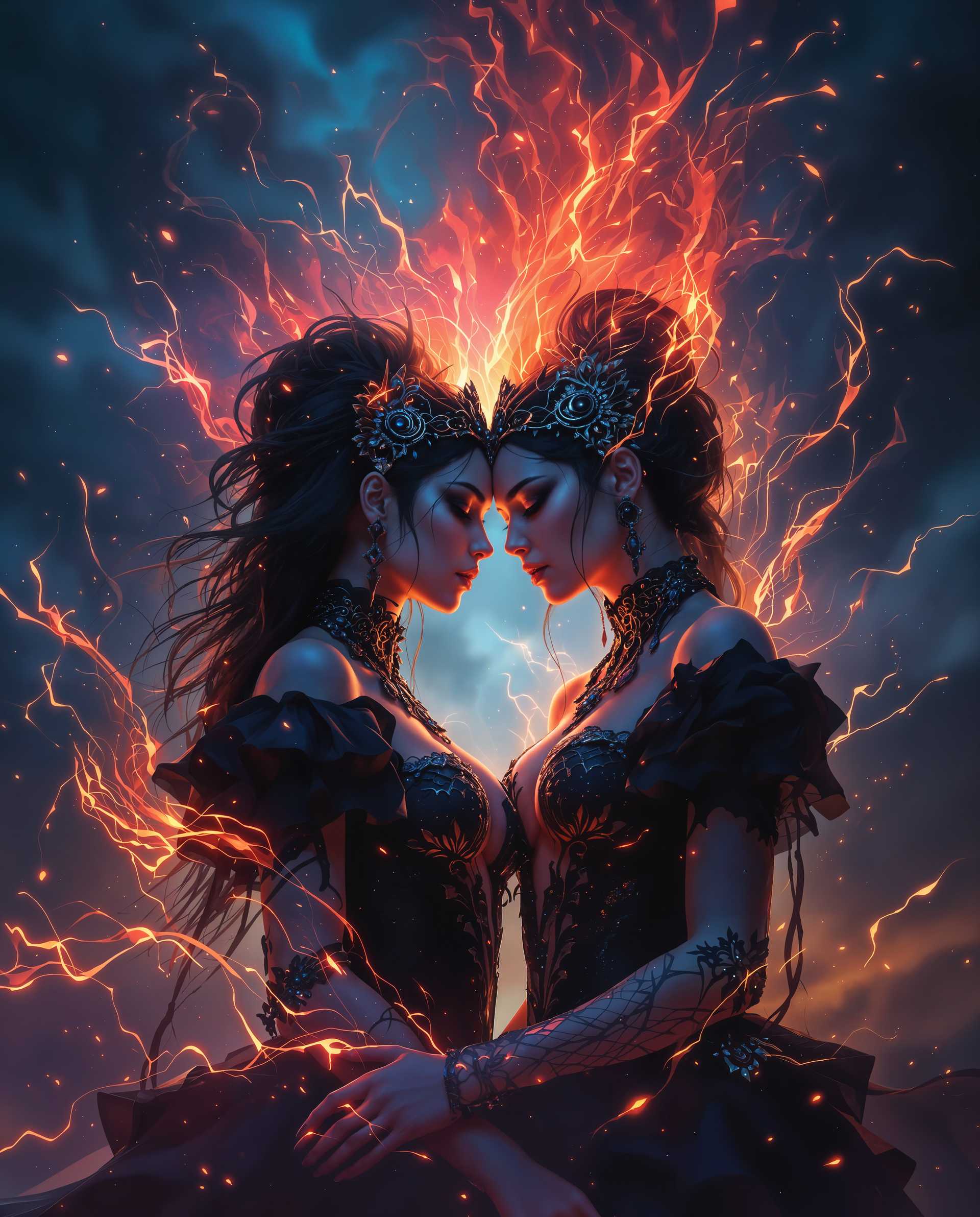 masterpiece, best quality, highres, sharp image, more detail <lora:more_details:0.5> <lora:SDXLrender_v2.0:1>, masterpiece, best quality, highres, sharp image, more detail, A hyper-realistic digital painting of two female figures immersed in a captivating fantasy aesthetic, rendered with extraordinary detail and vibrant colors. The artwork mimics a high-quality photograph, showcasing lifelike textures and a three-dimensional effect through masterful shading and the interplay of light and shadow. The color palette is bold and dramatic, dominated by deep blues and blacks, sharply contrasted with fiery reds and oranges, creating a sense of intensity and dynamism. Glowing accents and subtle color gradients illuminate the figures and their surroundings, enhancing the feeling of movement and magical energy.

The two figures are the focal point, dressed in elaborate gothic-fantasy costumes featuring intricate lace, beadwork, and textures of leather and metal that appear tactile and realistic. Their attire is adorned with ornate accessories, including headpieces, necklaces, and bracelets, each meticulously detailed. Their poses suggest an intimate connection, with one figure leaning subtly toward the other, framed in a dynamic composition that draws the viewer’s eye to their interaction.

Surrounding the figures is a chaotic, swirling energy depicted through abstract streaks and shapes in reds and blues, evoking a powerful supernatural or magical force. The background complements this atmosphere with a dark, ethereal quality, as if set in a mystical realm at twilight, under a stormy or otherworldly sky. The lighting is dramatic, with a soft, diffused glow highlighting the figures’ faces and costumes, contrasted by deep shadows that add depth and mystery.

The scene is composed with a cinematic perspective, using a slightly low-angle shot to emphasize the figures’ commanding presence, while the surrounding energy creates a sense of motion and tension. The overall mood is intense and enchanting, blending realism with fantasy to create a visually striking and immersive piece of art, rich in detail and emotion, inspired by the dramatic flair of Baroque art and modern digital fantasy illustration.