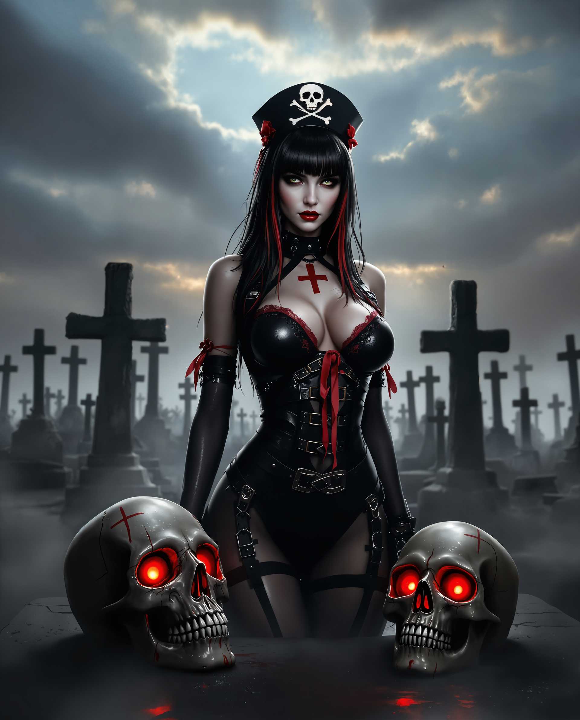 masterpiece, best quality, highres, sharp image, more detail <lora:more_details:0.5> <lora:SDXLrender_v2.0:1>, masterpiece, best quality, highres, sharp image, more detail, This is a realistic photo (photograph) of a female real person digital artwork that features a central figure dressed in a gothicinspired outfit with a nurses cap, which is adorned with a skull and crossbones. The figure is wearing a black bodysuit with red accents, including a red cross on the chest, and has a red ribbon tied around the cap. The outfit has lace details and is fastened with straps and buckles, giving it a bondagelike appearance. The figures skin is depicted with a glossy finish, and the outfit has a shiny, wet look, as if its covered in blood or some other viscous substance.The figures hair is long and dark, with bangs that frame the face. There are red streaks in the hair, and its styled in a way that it cascades down the back and sides of the figure. The hair is also adorned with a skull accessory, which matches the overall gothic theme.The background of the image is a cemetery with numerous crosses and gravestones, set against a dramatic sky that is filled with clouds and a hint of sunlight breaking through. The cemetery is surrounded by a mist, which adds to the eerie atmosphere of the scene.In the foreground, there are three skulls with red eyes, which are emanating a glow. These skulls are positioned in front of the figure, with one resting on the ground and two leaning against it. The skulls have a realistic texture and are detailed with teeth and eye sockets, enhancing the macabre feel of the image.The art style of the image is highly detailed and realistic, with a focus on textures and lighting that give the scene a threedimensional quality. The colors are primarily dark and muted, with the red accents providing a stark contrast and drawing the viewers attention. The overall effect is one of gothic horror and supernatural intrigue.