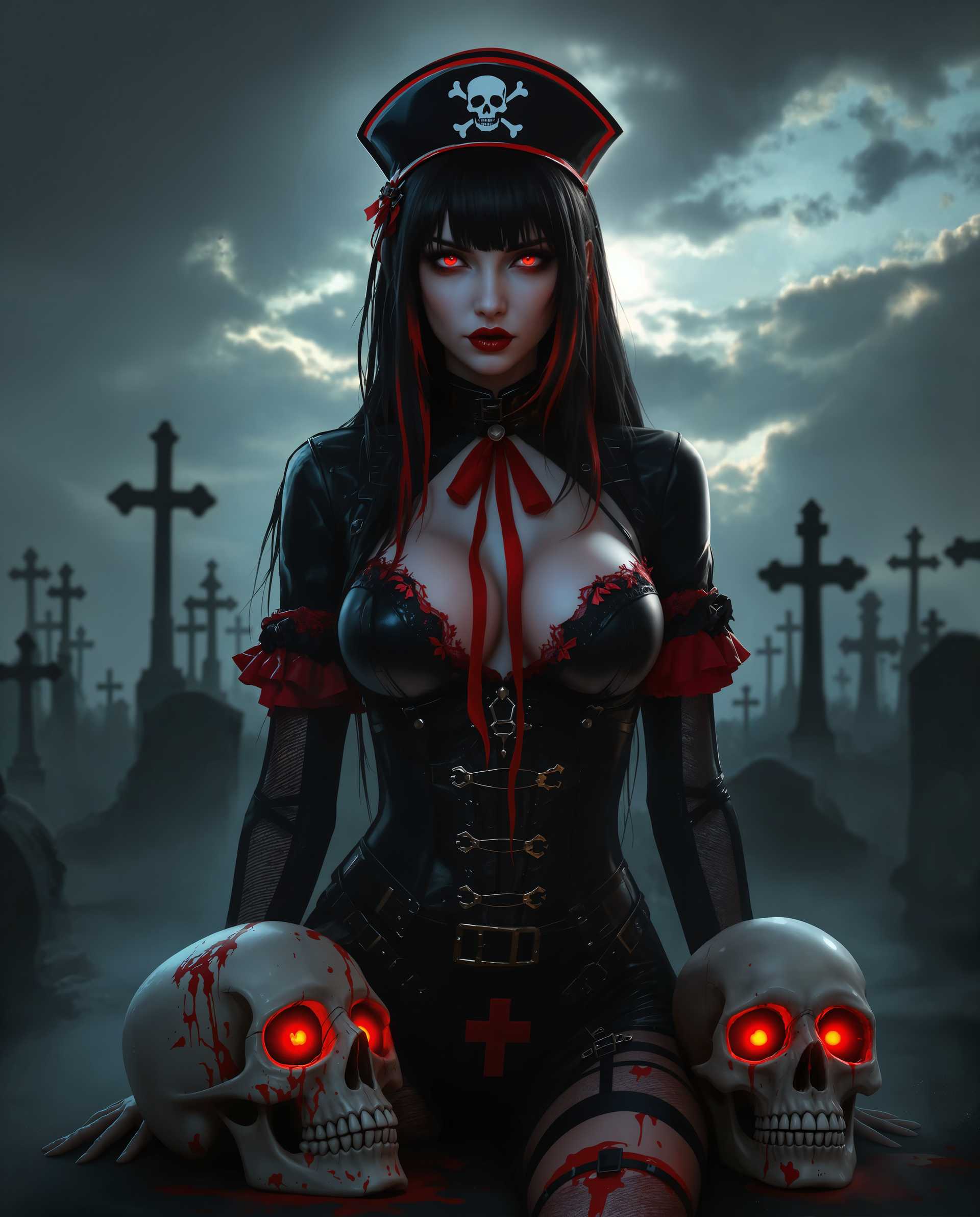 masterpiece, best quality, highres, sharp image, more detail <lora:more_details:0.5> <lora:SDXLrender_v2.0:1>, masterpiece, best quality, highres, sharp image, more detail, This is a realistic photo (photograph) of a female real person digital artwork that features a central figure dressed in a gothicinspired outfit with a nurses cap, which is adorned with a skull and crossbones. The figure is wearing a black bodysuit with red accents, including a red cross on the chest, and has a red ribbon tied around the cap. The outfit has lace details and is fastened with straps and buckles, giving it a bondagelike appearance. The figures skin is depicted with a glossy finish, and the outfit has a shiny, wet look, as if its covered in blood or some other viscous substance.The figures hair is long and dark, with bangs that frame the face. There are red streaks in the hair, and its styled in a way that it cascades down the back and sides of the figure. The hair is also adorned with a skull accessory, which matches the overall gothic theme.The background of the image is a cemetery with numerous crosses and gravestones, set against a dramatic sky that is filled with clouds and a hint of sunlight breaking through. The cemetery is surrounded by a mist, which adds to the eerie atmosphere of the scene.In the foreground, there are three skulls with red eyes, which are emanating a glow. These skulls are positioned in front of the figure, with one resting on the ground and two leaning against it. The skulls have a realistic texture and are detailed with teeth and eye sockets, enhancing the macabre feel of the image.The art style of the image is highly detailed and realistic, with a focus on textures and lighting that give the scene a threedimensional quality. The colors are primarily dark and muted, with the red accents providing a stark contrast and drawing the viewers attention. The overall effect is one of gothic horror and supernatural intrigue.