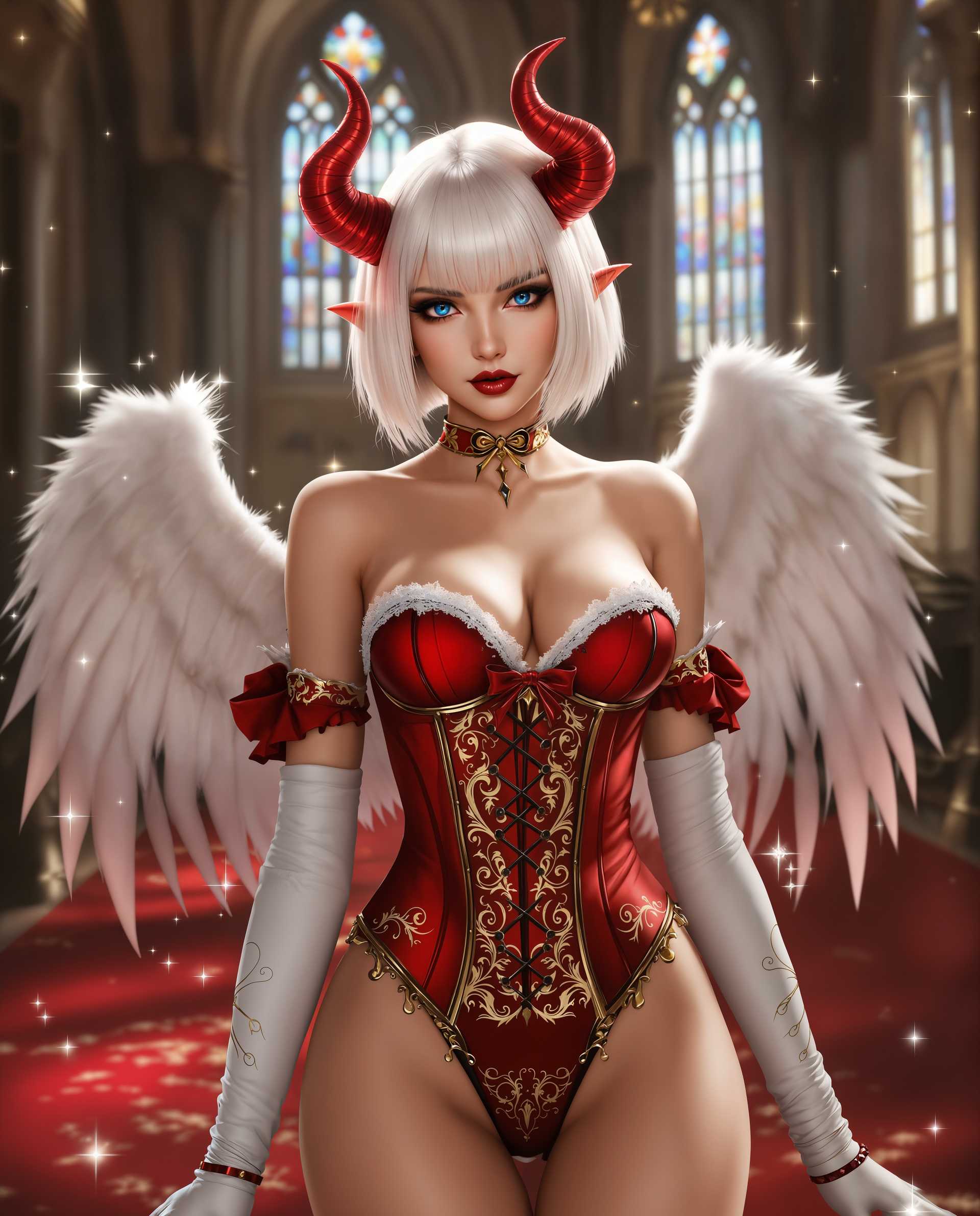 masterpiece, best quality, highres, sharp image, more detail <lora:more_details:0.5> <lora:SDXLrender_v2.0:1>, masterpiece, best quality, highres, sharp image, more detail, This image is a realistic photo (photograph) of a female real person digital artwork that features a character with a striking combination of angelic and demonic traits. The character has short, straight white hair with a gradient of pink at the tips, and their eyes are a vivid shade of blue with red irises. They are adorned with a pair of ornate horns that have a glossy red finish and are embellished with intricate designs.The character is wearing a red and gold corsetstyle top with lace trim and a matching thong. The corset has a high neckline and is detailed with gold scrollwork and floral patterns, while the thong has a similar design with a bow at the front. The characters arms are covered in long white gloves with red detailing that matches the horns and the corset, and there are white feathered wings attached to their back.The background of the image is a gothic cathedral with pointed arches and stained glass windows, through which light filters, casting a warm glow on the scene. The cathedrals architecture is rich in detail, with intricate stonework and arches that create a sense of depth and grandeur. The floor is a dark, rich red, and there are scattered sparkles throughout the image, adding to the magical and otherworldly atmosphere.The art style of the image is highly detailed and realistic, with a focus on the textures and materials of the clothing and the smoothness of the skin. The lighting and shadows are expertly rendered, creating a dramatic and immersive scene that captures the viewers attention. The medium appears to be a digital painting, given the smooth gradients and seamless blending of colors.