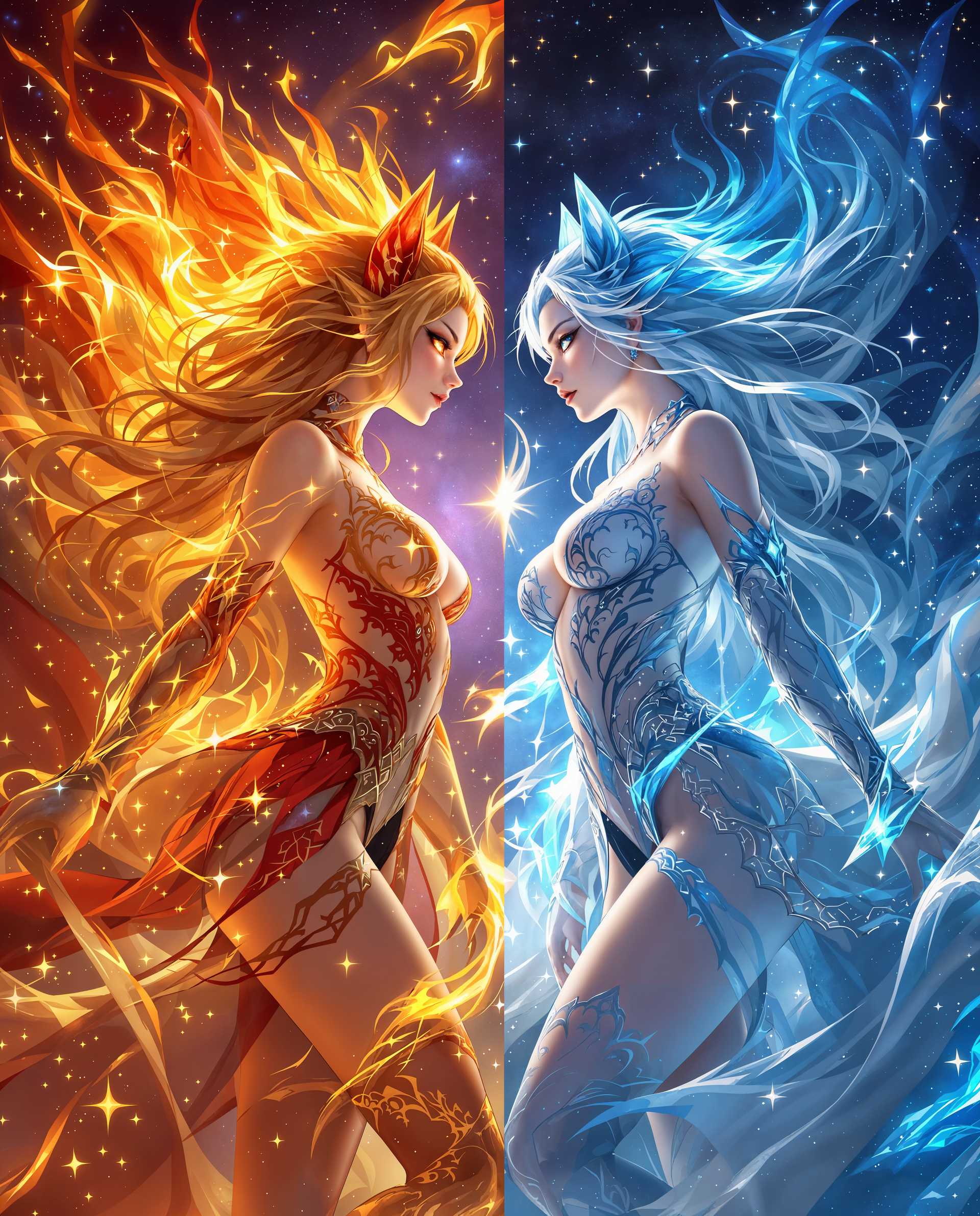 masterpiece, best quality, highres, sharp image, more detail <lora:more_details:0.5> <lora:SDXLrender_v2.0:1>, masterpiece, best quality, highres, sharp image, more detail, A highly detailed and vibrant digital painting of two female fantasy characters, embodying the elemental themes of fire and ice, set against a cosmic background. On the left, the fire-themed character is surrounded by dynamic, roaring flames with glowing embers and intense heat waves, her costume adorned with intricate patterns of molten gold and fiery red lace, reflecting the flickering light of fire. Her piercing eyes burn with a warm amber glow, and her flowing hair seems to ignite with streaks of orange and crimson. On the right, the ice-themed character stands amidst shimmering frost and jagged icicles, her attire featuring delicate silver embroidery and translucent blue fabrics that mimic frozen crystal, catching the cool light. Her eyes shimmer with an icy teal, and her hair cascades like a frozen waterfall, accented with frosty whites and pale blues. Both characters have subtle animal-like ears, hinting at their otherworldly, anthropomorphic nature, and wear suggestive, elegant costumes with low-cut bodices, thigh-high stockings, and jeweled embellishments that enhance their fantastical allure.

The composition is split diagonally, with the fiery left side contrasting sharply against the icy right, creating a striking visual balance. The characters are positioned dynamically, facing each other with intense gazes, as if locked in an elemental duel, captured from a slightly low angle to emphasize their power and presence. The lighting is dramatic, with warm, golden hues illuminating the fire side and cool, silvery tones casting soft shadows on the ice side, enhancing the depth and dimension of the scene. The background is a breathtaking cosmic vista, filled with swirling nebulae in deep purples and blues, scattered stars twinkling like distant diamonds, and ethereal energy patterns that suggest a living, pulsating universe. The interplay of light and dark in the cosmos adds a sense of movement and grandeur, framing the characters as celestial beings.

The mood is intense and otherworldly, evoking a sense of epic conflict and harmony between opposing forces, set during an eternal twilight where neither day nor night fully reigns. The atmosphere is charged with magical energy, with subtle wisps of smoke and frost mingling at the center where fire and ice collide. Rendered in a hyper-realistic digital art style inspired by fantasy anime and concept art, with smooth color blending, meticulous attention to texture in the costumes and elemental effects, and a cinematic quality that captures every intricate detail, from the reflective sheen of ice to the glowing warmth of flames.