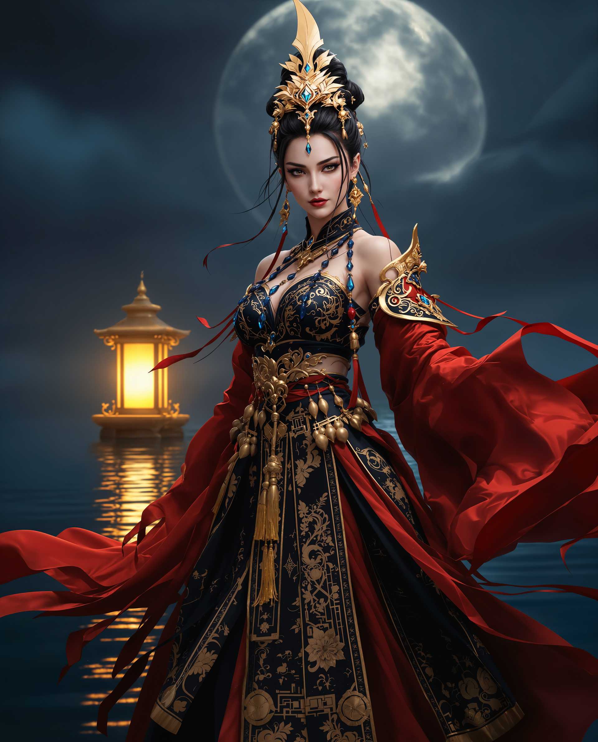 masterpiece, best quality, highres, sharp image, more detail <lora:more_details:0.5> <lora:SDXLrender_v2.0:1>, masterpiece, best quality, highres, sharp image, more detail, A hyper-realistic digital photograph of a powerful female figure in a dynamic, commanding stance, captured as if through a high-resolution 3D render. The art style is photorealistic, with meticulous attention to intricate textures, vibrant colors, and lifelike details in every element of the composition. The lighting is expertly crafted, featuring dramatic chiaroscuro with soft ambient glows and sharp highlights that enhance the depth and realism of the scene, casting subtle shadows across the figure and background.

The color palette is rich and striking, dominated by deep, passionate reds, cool, calming blues, and opulent golds. The reds evoke energy and intensity, the blues provide a serene contrast, and the golds lend a regal, luxurious touch, accentuating the figure’s majestic presence. The female figure is adorned in an elaborate costume, blending textures and patterns with stunning precision: a black bodice with intricate gold embroidery and embellishments, paired with a flowing deep red skirt layered over a black underlay. The skirt is adorned with cascading blue gemstones and golden tassels that shimmer with every movement, reinforcing her powerful and noble aura.

Her hair is styled in a traditional, elegant updo, with strands of red and blue cascading down her back, blending seamlessly with her attire. A striking golden headpiece crowns her head, featuring a curved blade protruding upward, symbolizing her warrior or aristocratic status. Her expression is intense yet composed, exuding confidence and mystique, with subtle makeup enhancing her sharp, regal features.

The background features a tranquil body of water under a night sky, reflecting the pale, silvery light of a crescent moon. A traditional lantern floats gently on the water’s surface, emitting a warm, golden glow that contrasts with the cool blues of the water and the deep indigo of the sky, adding a touch of serenity to the scene. The composition is framed with the figure positioned centrally, slightly off to one side in a three-quarter view, with a low camera angle that emphasizes her towering presence and strength. The water and lantern are softly blurred in the background, maintaining focus on the figure while adding depth to the scene.

The overall mood is one of mystique, elegance, and raw power, set during a quiet, moonlit night with a subtle interplay of warm and cool tones. The atmosphere is immersive, blending serenity with intensity, rendered with hyper-detailed textures, photorealistic skin tones, and cinematic lighting, creating a visually captivating and cohesive masterpiece.