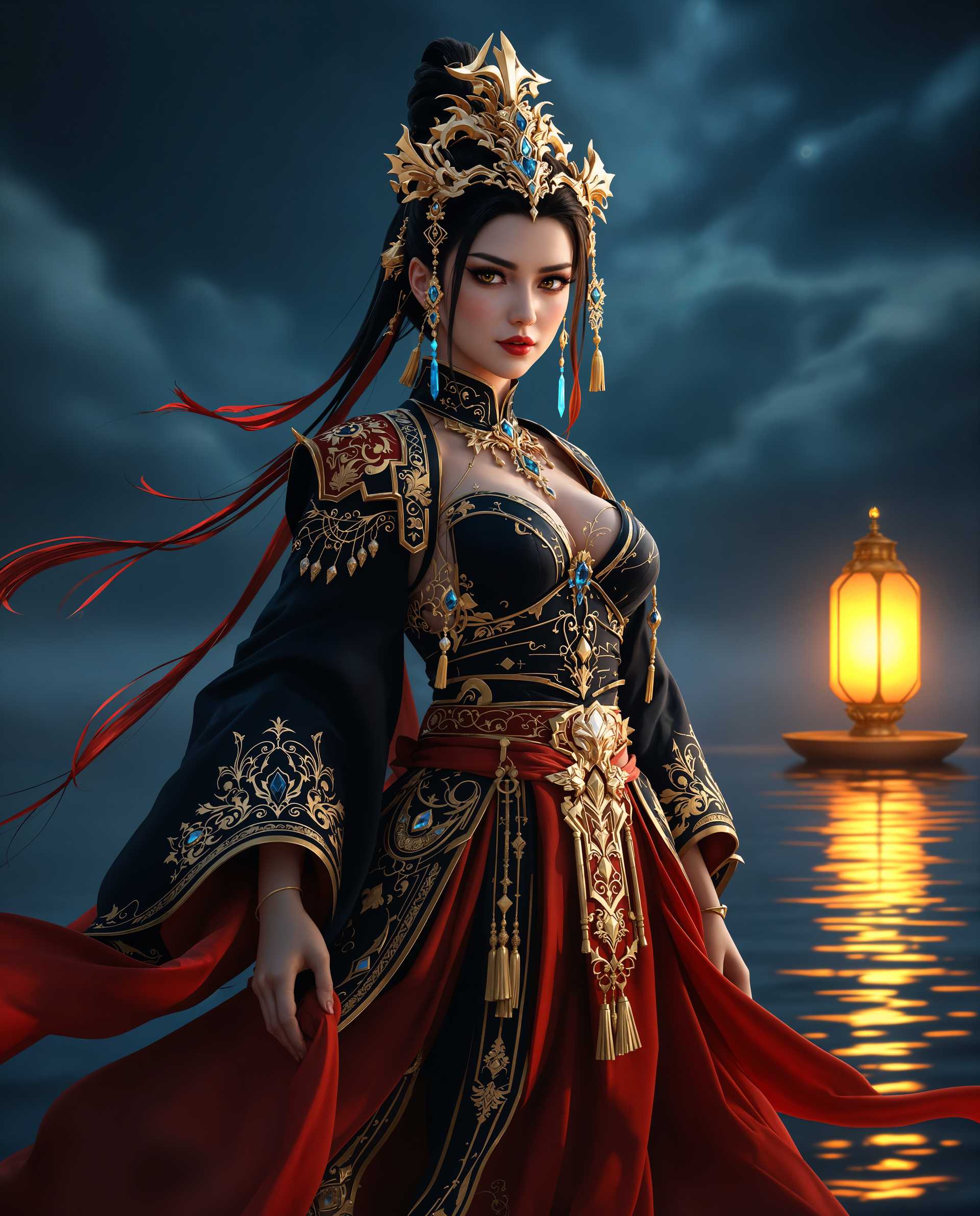 masterpiece, best quality, highres, sharp image, more detail <lora:more_details:0.5> <lora:SDXLrender_v2.0:1>, masterpiece, best quality, highres, sharp image, more detail, A hyper-realistic digital photograph of a powerful female figure in a dynamic, commanding stance, captured as if through a high-resolution 3D render. The art style is photorealistic, with meticulous attention to intricate textures, vibrant colors, and lifelike details in every element of the composition. The lighting is expertly crafted, featuring dramatic chiaroscuro with soft ambient glows and sharp highlights that enhance the depth and realism of the scene, casting subtle shadows across the figure and background.

The color palette is rich and striking, dominated by deep, passionate reds, cool, calming blues, and opulent golds. The reds evoke energy and intensity, the blues provide a serene contrast, and the golds lend a regal, luxurious touch, accentuating the figure’s majestic presence. The female figure is adorned in an elaborate costume, blending textures and patterns with stunning precision: a black bodice with intricate gold embroidery and embellishments, paired with a flowing deep red skirt layered over a black underlay. The skirt is adorned with cascading blue gemstones and golden tassels that shimmer with every movement, reinforcing her powerful and noble aura.

Her hair is styled in a traditional, elegant updo, with strands of red and blue cascading down her back, blending seamlessly with her attire. A striking golden headpiece crowns her head, featuring a curved blade protruding upward, symbolizing her warrior or aristocratic status. Her expression is intense yet composed, exuding confidence and mystique, with subtle makeup enhancing her sharp, regal features.

The background features a tranquil body of water under a night sky, reflecting the pale, silvery light of a crescent moon. A traditional lantern floats gently on the water’s surface, emitting a warm, golden glow that contrasts with the cool blues of the water and the deep indigo of the sky, adding a touch of serenity to the scene. The composition is framed with the figure positioned centrally, slightly off to one side in a three-quarter view, with a low camera angle that emphasizes her towering presence and strength. The water and lantern are softly blurred in the background, maintaining focus on the figure while adding depth to the scene.

The overall mood is one of mystique, elegance, and raw power, set during a quiet, moonlit night with a subtle interplay of warm and cool tones. The atmosphere is immersive, blending serenity with intensity, rendered with hyper-detailed textures, photorealistic skin tones, and cinematic lighting, creating a visually captivating and cohesive masterpiece.