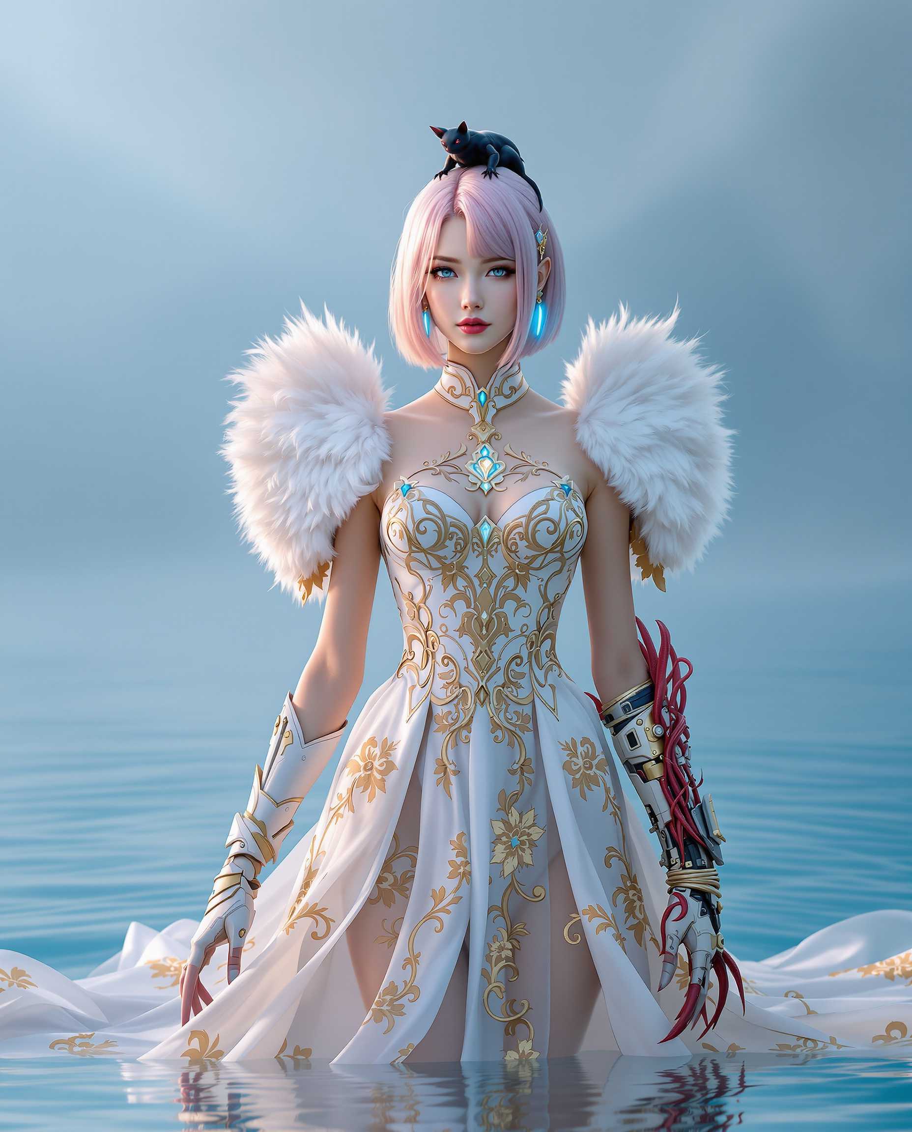 masterpiece, best quality, highres, sharp image, more detail, A hyper-realistic photograph of a striking female figure standing gracefully against a serene, blue-toned background reminiscent of a tranquil watery environment, with soft ripples and subtle reflections enhancing the calm ambiance. The subject wears a fantasy-inspired outfit blending traditional elegance with modern innovation, featuring a sleeveless dress with a fitted bodice adorned with intricate golden patterns and embellishments, exuding regal opulence. The bodice, in shades of gold and white, contrasts with a flowing, sheer skirt that cascades elegantly around her legs, its hem decorated with delicate golden floral motifs. Her accessories include pastel blue accents, a pair of white, furry, wing-like shoulder extensions evoking angelic imagery, a mechanical gauntlet on her left arm with glowing blue highlights, and a red, tentacle-like appendage with a mechanical joint on her right arm, creating a unique hybrid aesthetic. Her modern, short haircut transitions from pink to blonde tones, crowned by a small, black, bat-like creature perched whimsically atop her head. The composition centers the subject in a three-quarter view, with a slightly low camera angle to emphasize her commanding presence, framed by the ethereal, misty background. The mood is serene yet otherworldly, with soft, diffused lighting casting gentle highlights on the textures of her attire and accessories, accentuating the metallic sheen of the gauntlet, the translucency of the skirt, and the fur of the wings. The art style prioritizes photorealistic detail, with a focus on lifelike textures, subtle shadows, and a cinematic depth of field, capturing the scene as if taken with a high-end DSLR camera during the golden hour.