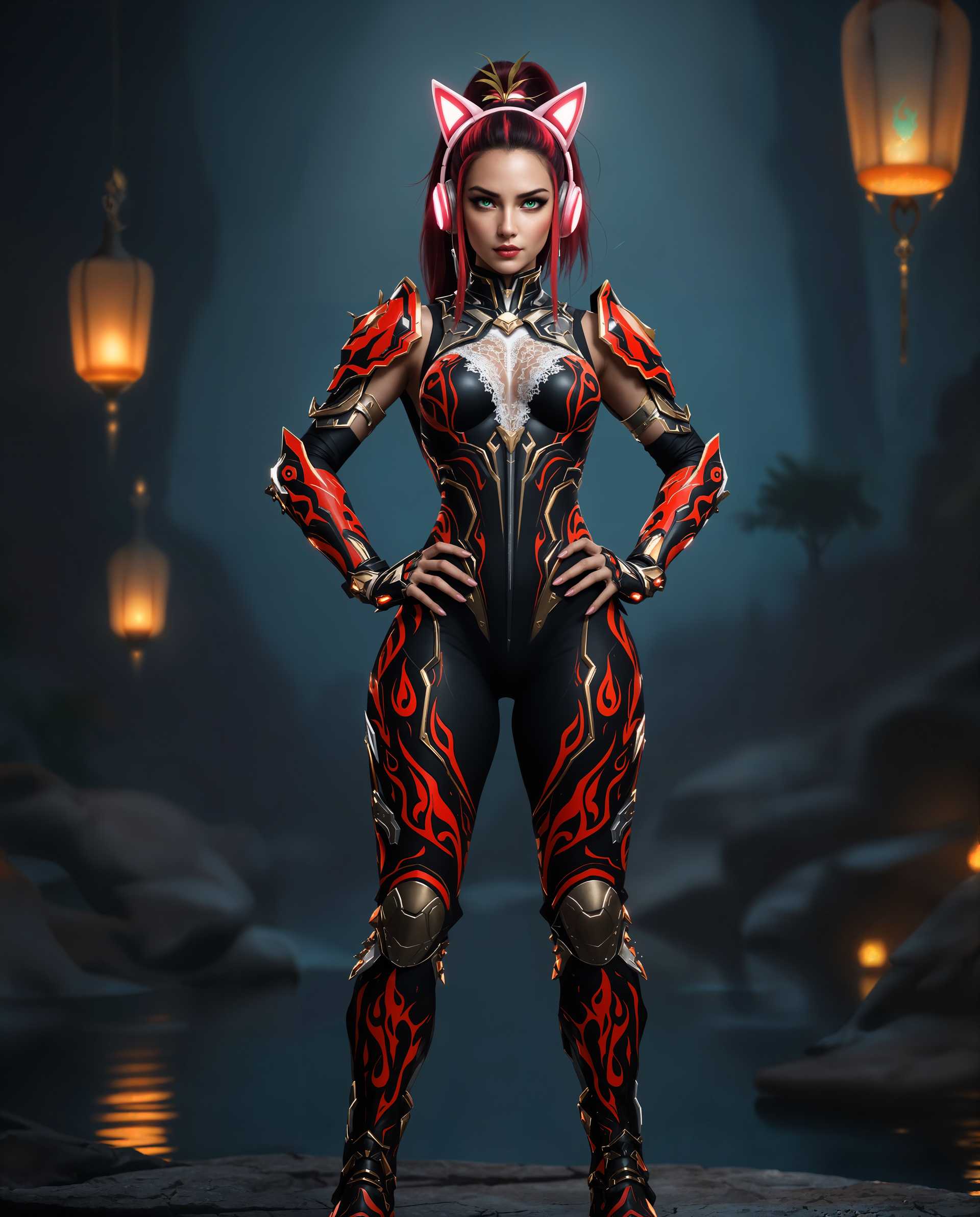 masterpiece, best quality, highres, sharp image, more detail <lora:more_details:0.5> <lora:SDXLrender_v2.0:1>, masterpiece, best quality, highres, sharp image, more detail, A hyper-realistic photo (photograph) of a confident female character standing boldly with her hands on her hips, exuding determination and strength. She wears an intricate, ornate costume blending fantasy and modern realistic aesthetics, predominantly black with striking red and gold accents. The outfit features a high-tech, armored design with flame-like patterns, including a form-fitting bodysuit with a high neckline and a delicate white lace collar for an elegant touch. Her thigh-high boots match the flame motif, crafted in black with red highlights and gold trim, complete with a functional inner zipper. Her arms are encased in red and gold gauntlets with detailed engravings, complemented by matching bracelets on her wrists. A playful yet modern twist is added with pink cat-ear headphones, accented by white detailing, perched on her head. Her hair is styled in a high ponytail with vibrant red highlights, and a small, green plant sprouts from her back, introducing a subtle natural element to her mechanical appearance. Her piercing green eyes convey readiness and intensity.

The scene is set against a mystical background with a gradient of deep blues, evoking a twilight or nighttime atmosphere. Floating lanterns illuminate the space with a warm, orange glow, their light reflecting on a serene body of water below, adding depth and realism. The composition centers the character in a powerful, grounded stance, captured from a slightly low camera angle to emphasize her commanding presence. The lighting is dramatic, with soft ambient glows from the lanterns contrasting the cool tones of the background, highlighting the intricate textures of her costume and accessories. The overall mood is otherworldly and immersive, balancing fantasy with futuristic elements, rendered in a high-quality photograph style with smooth surfaces, realistic reflections, and vibrant, detailed colors for a visually striking result.