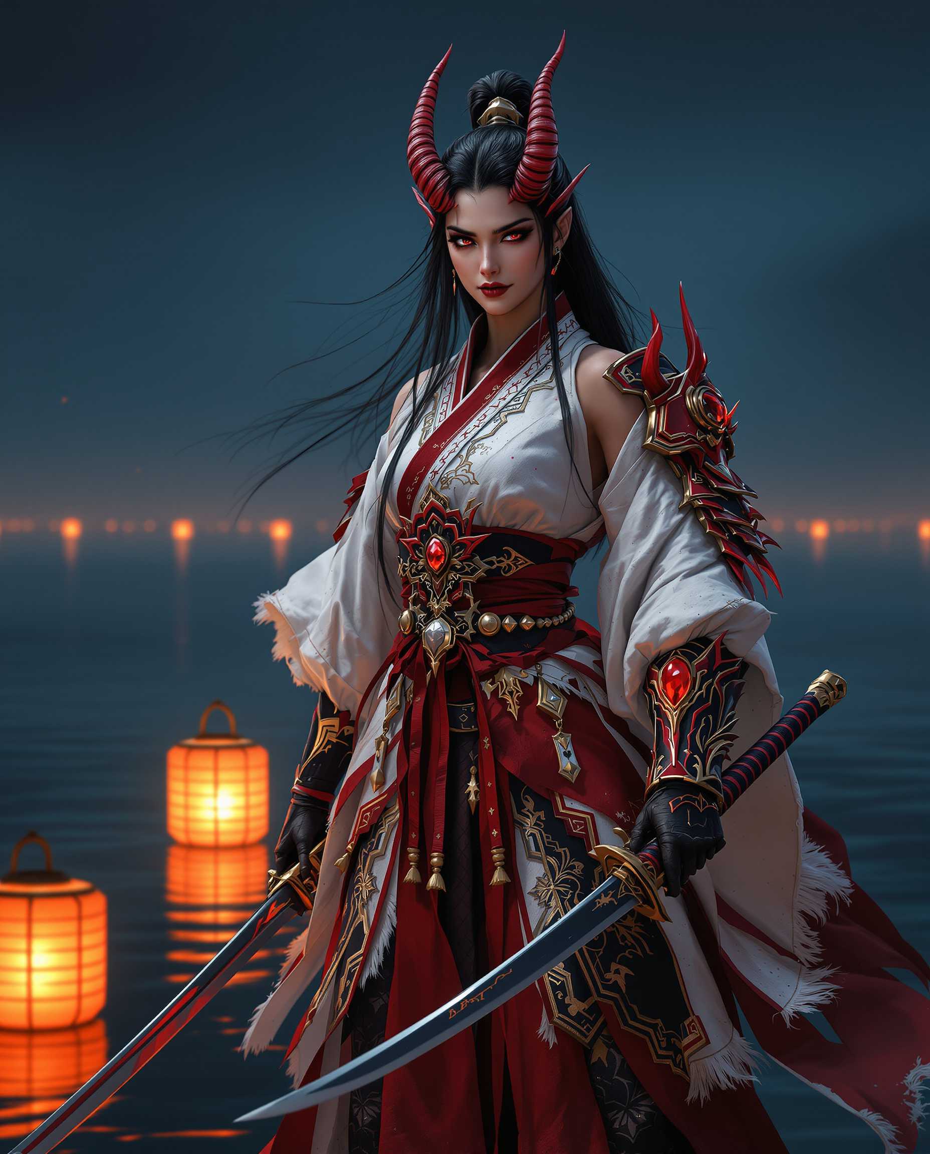 masterpiece, best quality, highres, sharp image, more detail, A hyper-realistic digital photograph of a female samurai-demon hybrid, embodying a fierce warrior spirit and otherworldly menace, standing as the central focus in a cinematic scene. She wears traditional Japanese warrior attire, featuring a battle-worn white and red kimono with a high collar, layered over a pristine white undergarment, the frayed hem revealing the scars of countless battles. A vibrant red obi is tightly cinched at her waist, accentuating her powerful stance. Her hands are clad in black gloves with intricate gold detailing, while her left arm bears a massive, ornate red and gold gauntlet, embedded with a crimson gemstone at its center and housing a menacing sword, radiating arcane energy. Her right arm, bare and muscular, grips a long, curved katana with a matching red and white hilt, its polished blade catching the faint light. Menacing red horns protrude from her head, and her long, jet-black hair flows down her back, swaying as if stirred by an unseen breeze. Her stern expression, with a subtle smirk and piercing, determined eyes, conveys unyielding resolve and quiet menace.

The background is a dark, deep blue night sky, with a faint, ethereal glow on the horizon hinting at a calm, endless sea or distant water body. Two lanterns float gently on the water’s surface, their warm, flickering orange light casting soft, rippling reflections that contrast with the cool, shadowy blues of the environment. The composition frames the samurai-demon in a dynamic three-quarter pose, as if poised for imminent battle, with the camera angled slightly upward to emphasize her towering, commanding presence. The scene is bathed in soft, diffused lighting, illuminating the intricate details of her attire, the glowing lanterns, and her intense features, while casting the background into a mysterious, gentle shadow.

The art style is hyper-realistic with subtle fantasy elements, rendered in a digital medium with smooth textures and meticulous attention to detail in the battle-worn kimono, ornate gauntlet, and reflective katana. The color palette is rich and vibrant, with stark contrasts between the warm, saturated reds and oranges of her attire and the cool, melancholic blues of the night sky and water. The mood is intense yet serene, capturing a fleeting moment of calm before an inevitable clash, with an atmosphere that balances the haunting beauty of the night with the looming threat of conflict. The image exudes cinematic depth, dramatic contrast, and emotional intensity, crafted with a focus on fine detailing and a photorealistic finish.