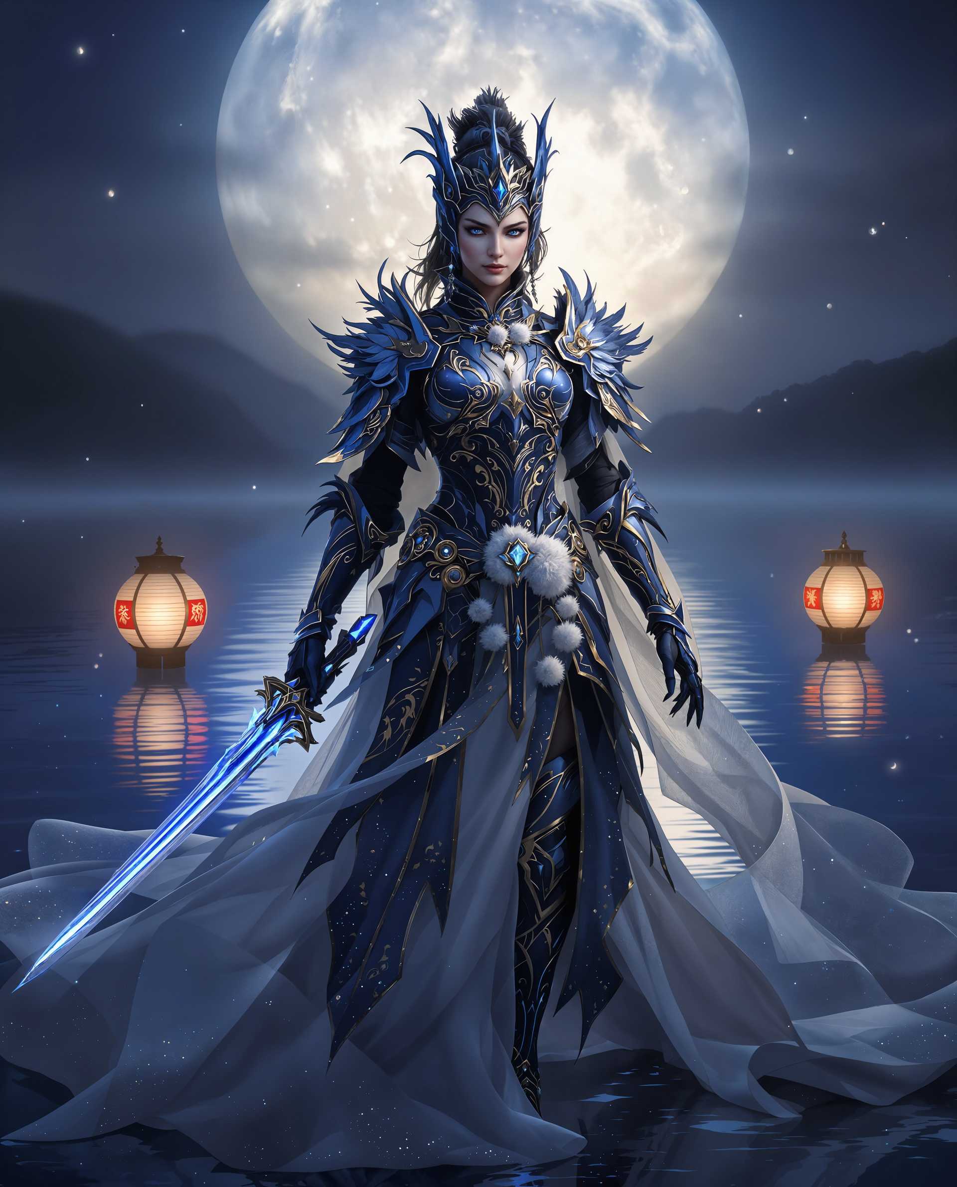 masterpiece, best quality, highres, sharp image, more detail <lora:more_details:0.5> <lora:SDXLrender_v2.0:1>, masterpiece, best quality, highres, sharp image, more detail, A hyper-realistic digital painting of a female warrior standing gracefully in an elaborate, fantastical armor set against a serene, moonlit landscape. The artistic style blends high fantasy with photorealistic digital illustration, showcasing intricate details and a rich, harmonious color palette of cool blues, purples, and blacks, contrasted by warm golds and whites. The armor, predominantly dark with shimmering blue and gold accents, features meticulously crafted patterns, scales, feathers, and organic elements that evoke a mythical, regal aura. A flowing, sheer garment drapes elegantly around her, with a delicate lace-like texture and ethereal tones, adorned with ornate ornaments including a prominent brooch at the waist, adding a sense of movement and grace.

She wields a sleek, futuristic sword with a glowing blue blade and a white, fluffy hilt, enhancing the whimsical yet powerful vibe. The composition centers the warrior in a confident stance, framed slightly from below to emphasize her commanding presence, with the camera angle capturing the intricate details of her armor and the soft billowing of her garment. The background features a full, luminous moon casting a silvery glow over a tranquil body of water, its reflection creating a shimmering, mirror-like effect. Two traditional lanterns with red and white panels float gently on the water, emitting a warm, inviting light that contrasts with the cool tones of the night.

The lighting is dramatic yet soft, with moonlight highlighting the textures of the armor and casting subtle shadows that add a three-dimensional depth to the scene. The mood is mystical and elegant, evoking a sense of enchantment, mystery, and quiet strength. The atmosphere is serene, set during a calm, clear midnight, with a gentle breeze implied by the movement of the garment. Rendered with advanced digital techniques, the image achieves a photorealistic quality, emphasizing lifelike textures, detailed reflections, and a cohesive, immersive fantasy world.