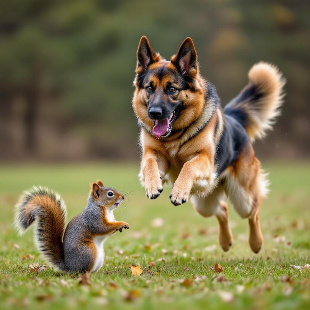 a german shepherd jumping over a squirrel that scared her.