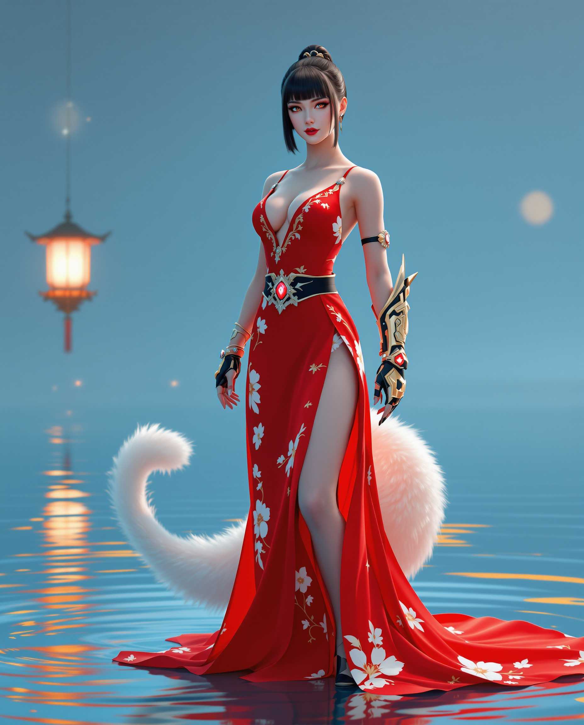masterpiece, best quality, highres, sharp image, more detail, A hyper-realistic photograph of a confident female character standing with poise in a serene, blue-toned environment. She wears a striking traditional Japanese-inspired outfit, predominantly vibrant red with elegant white and gold accents. Her attire consists of a sleeveless top with a plunging neckline and a high-slit flowing skirt that drapes gracefully around her legs, adorned with intricate white floral patterns featuring golden centers. A black and gold obi belt cinches her waist, adding a regal touch. A soft, white fluffy tail extends from her lower back, tipped with a red and gold ornament, enhancing the fantasy element. Her hair is a sleek, dark bob with neat bangs framing her determined expression. Her right arm is fitted with a futuristic mechanical gauntlet, gleaming with golden intricate designs and a glowing red gemstone, creating a captivating contrast with her traditional ensemble. The setting features a calm body of water with gentle ripples reflecting the soft, diffused lighting that casts a peaceful, ethereal glow over the scene. In the background, a traditional Japanese lantern floats delicately on the water, enriching the cultural ambiance. The composition centers the character in a powerful, grounded stance, captured from a slightly low angle to emphasize her strength and presence, with the water and lantern framing her in a harmonious balance. The mood is tranquil yet commanding, blending the serenity of a twilight hour with a touch of magical realism. The art style is hyper-detailed and photorealistic, with vibrant, well-balanced colors that seamlessly merge traditional Japanese aesthetics with modern fantasy elements, rendered in stunning 8K resolution with a focus on intricate textures and lifelike lighting.