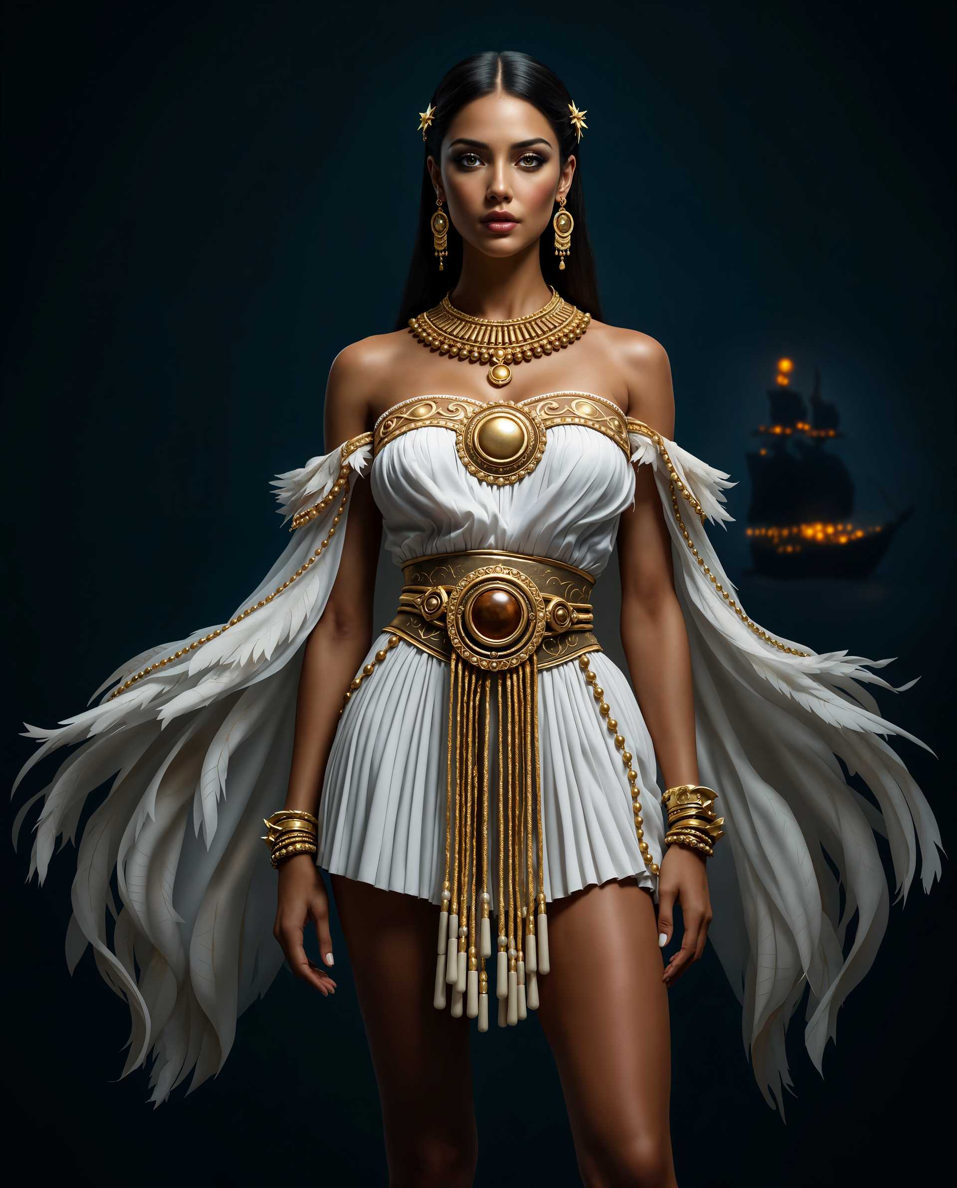 masterpiece, best quality, highres, sharp image, more detail <lora:more_details:0.5> <lora:SDXLrender_v2.0:1>, masterpiece, best quality, highres, sharp image, more detail, A hyper-realistic photograph of a striking female character standing confidently against a deep, dark blue background that evokes the enigma of a starlit night sky or the unfathomable depths of an ocean. She is dressed in a fantasy-inspired outfit blending classical Egyptian and Greco-Roman aesthetics, featuring a pristine white off-shoulder top with intricate gold embroidery and a central gold circular emblem resembling a radiant sun or celestial body. Her sheer, feather-like sleeves cascade delicately, mimicking ethereal wings that shimmer with a subtle translucence. The high-waisted, short pleated skirt is adorned with a bold gold belt showcasing a large circular medallion embedded with a rich brown gemstone at its center, complemented by cascading gold and brown beads and tassels that drape elegantly to her ankles. Her bare legs are adorned with ornate gold jewelry, including intricate ankle bracelets, leg wraps, and delicate foot jewelry featuring a central gold disc surrounded by tiny gold and white beads, adding a regal touch to her ensemble. The dramatic lighting employs a spotlight effect, casting soft highlights and deep shadows that accentuate her form and create a striking sense of depth and dimension. In the distant background, a faint silhouette of a ship-like structure emerges, bathed in a warm, flickering glow as if illuminated by fire, infusing the scene with mystery and a narrative of adventure or peril. The composition centers the character in a powerful, frontal pose, captured from a slightly low angle to emphasize her commanding presence, framed tightly to focus on her intricate attire and the enigmatic backdrop. The mood is one of mystique and strength, set under the illusion of a twilight hour, with a serene yet intense atmosphere that captivates the viewer. Rendered in a photorealistic style with meticulous attention to texture, color contrast, and fine detail, ensuring a lifelike quality that mirrors high-end fashion photography with a cinematic flair.