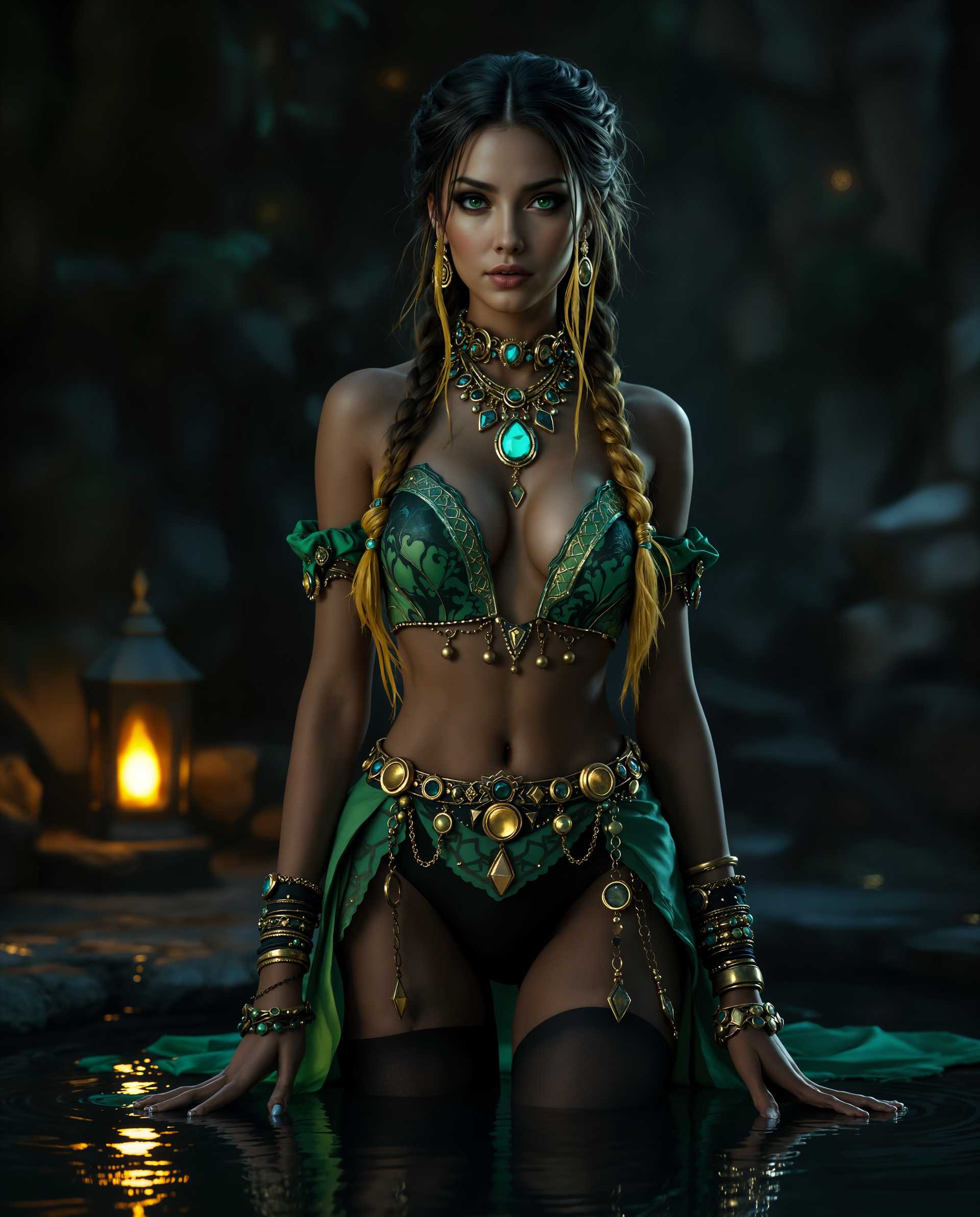 masterpiece, best quality, highres, sharp image, more detail <lora:more_details:0.5> <lora:SDXLrender_v2.0:1>, masterpiece, best quality, highres, sharp image, more detail, A hyper-realistic photograph of a female character in a fantasy setting, captured with stunning detail and lifelike quality. The image showcases intricate textures and dynamic, natural lighting with soft shadows and subtle highlights that add depth to both the character and her surroundings. The color palette is rich and vibrant, dominated by deep greens, serene blues, and warm golds, with the character's realistic flesh-toned skin contrasting against her jewel-toned and metallic attire. Her costume is exquisitely detailed, featuring a green bodice with delicate lace patterns, a matching green skirt adorned with gold accents, and a belt decorated with circular and triangular pendants. Black stockings with circular motifs and gold trim hug her legs, while her bare feet, with toes slightly curled, stand on a reflective surface of water, enhancing the sense of realism and depth. Her hair is styled in a loose braid with strands of golden yellow woven through, complemented by an array of jewelry including layered necklaces, bracelets, and rings that shimmer with metallic brilliance. The dark, cool-toned background sharply contrasts with the bright, vivid colors of the character, drawing focus to her intricate costume and poised demeanor. A small glowing lantern in the background emits a warm, golden light, casting a gentle glow that contrasts with the cool ambiance of the scene. The composition centers the character in a three-quarter view, with a low camera angle that emphasizes her commanding presence and the reflective water beneath her. The mood is enchanting and mysterious, evoking a twilight setting with a serene, otherworldly atmosphere, reminiscent of high-end fantasy portrait photography with a cinematic depth of field and meticulous attention to detail.