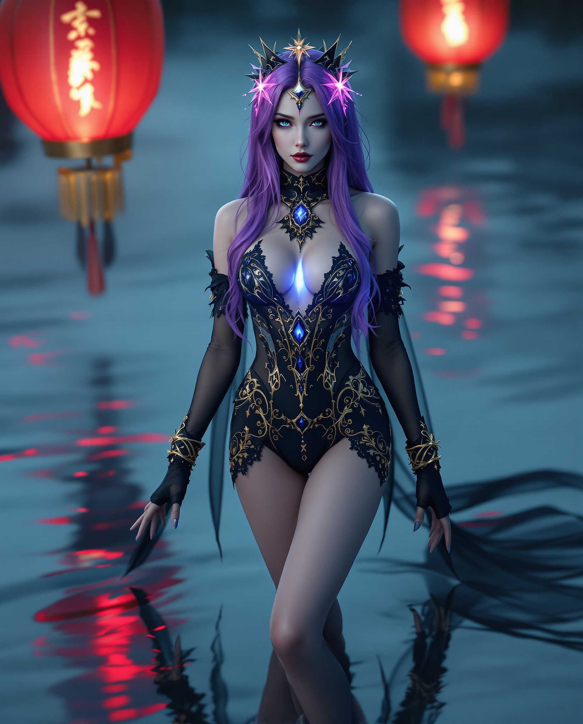 masterpiece, best quality, highres, sharp image, more detail, A breathtaking fantasy art style portrait of a female character, blending gothic and mystical elements, captured with photorealistic detail. She stands barefoot on a reflective, glassy water surface, her poised figure centered in the frame, exuding elegance and enigma. Her costume is a striking mix of gothic and fantasy design, predominantly black with intricate gold and blue accents—featuring a high-neckline bodice with a deep V-cut, adorned with gold detailing and a glowing blue gemstone at the center, paired with matching shorts edged with delicate lace trim and ornate patterns. Long, sheer black gloves with gold-embellished cuffs cover her arms, adding a layer of sophistication. Her deep purple hair cascades in long, flowing waves, highlighted with lighter purple tones, and is crowned with a starlike headpiece shimmering in pink and purple hues, contrasting the dark theme. Her fair skin and delicate facial features carry a neutral, serene expression, enhancing her ethereal presence.

The background features two traditional East Asian lanterns with a warm red glow, floating gently above the water, their reflections rippling softly on the surface, creating a serene and mystical ambiance. The scene is bathed in soft, diffused lighting, casting gentle shadows and subtle highlights that emphasize the three-dimensional textures of her costume and the reflective water. The color palette is cool and harmonious, dominated by shades of blue, purple, and black, with the warm red of the lanterns providing a striking contrast. The composition is balanced, with the character as the focal point, framed by the reflective water and glowing lanterns, shot from a low-angle perspective to enhance her commanding presence. The mood is one of fantasy and mystery, tinged with grace, set during a tranquil twilight hour, evoking a dreamlike atmosphere with cinematic depth and realism.