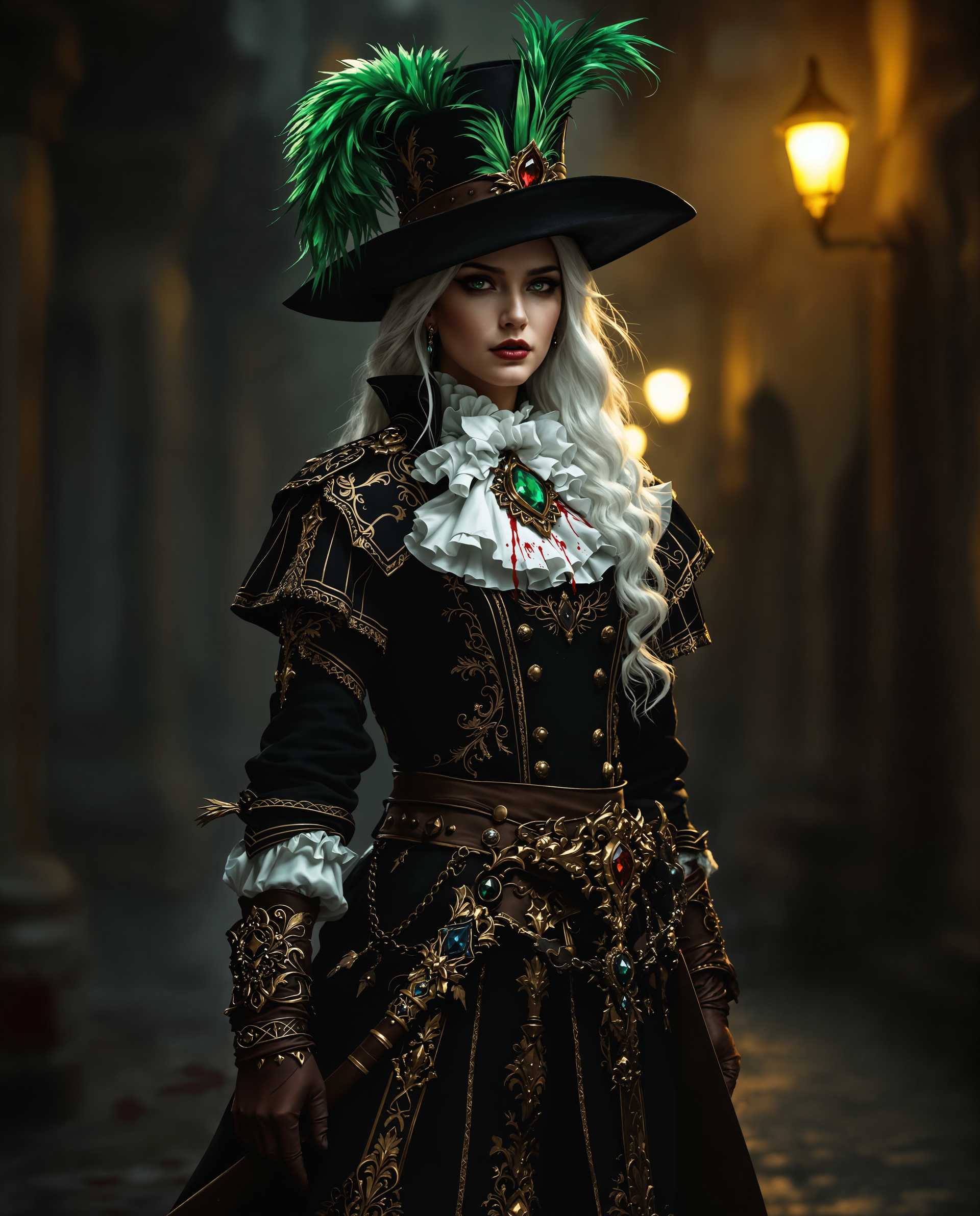 masterpiece, best quality, highres, sharp image, more detail <lora:more_details:0.5> <lora:SDXLrender_v2.0:1>, masterpiece, best quality, highres, sharp image, more detail, A hyper-realistic photograph of a striking female figure in a historical fantasy setting, captured with meticulous attention to detail. The subject stands in a commanding pose, centered in the frame with a low camera angle that emphasizes her imposing presence and regal stature. She is dressed in an ornate, luxurious costume that blends 17th-century European nobility with dark fantasy elements. Her attire features a high-collared black coat with intricate gold embroidery, pronounced shoulder pads, and a tailored fit that exudes authority. A white ruffled cravat, stained with subtle traces of blood, adds a dramatic and ominous touch to her ensemble. Her tall, conical hat, with a wide black brim and a brown band, is adorned with a vibrant green feather and a shimmering green gemstone, creating a striking contrast against the dark tones. She wields a long, ornate sword with a curved blade, its hilt embedded with a deep red gemstone and paired with a detailed brown scabbard hanging from a belt equipped with pouches and buckles, hinting at a life of adventure. Her brown gloves, with intricately designed cuffs, complement the earthy, moody palette of black, gold, and brown that dominates the scene. The subject’s white hair cascades dramatically, catching the soft, diffused light and adding an ethereal quality. The background is a dimly lit, misty environment, perhaps a cobblestone street or ancient castle courtyard at twilight, enhancing the mysterious and epic atmosphere. The lighting is cinematic, with a warm, golden glow illuminating the figure from the side, casting subtle shadows that highlight the textures of the fabric and the gleam of the metallic embroidery. The overall mood is intense and enigmatic, evoking a sense of readiness for battle or a pivotal moment in a grand narrative, rendered in a hyper-realistic style with a touch of fantastical stylization, reminiscent of Baroque portraiture combined with modern dark fantasy aesthetics. Highly detailed, 8K resolution, with a focus on photorealistic textures, dramatic chiaroscuro lighting, and a cohesive, immersive composition.