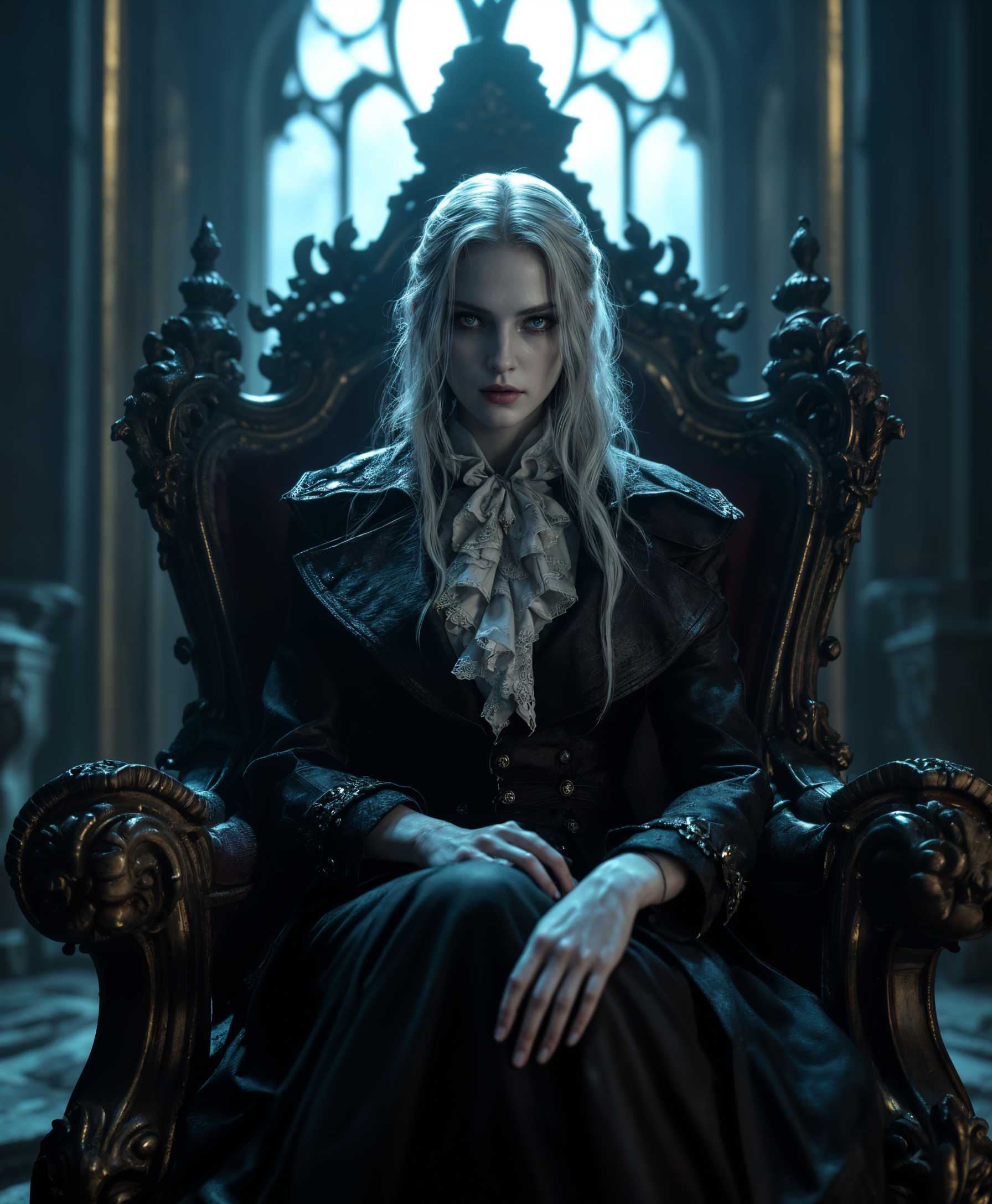 masterpiece, best quality, highres, sharp image, more detail, A high-resolution, highly detailed portrait of Lady Maria from the "Bloodborne" game series, depicted sitting gracefully on an ornate, gothic-style chair with intricate carvings and dark, weathered wood. Her iconic attire is rendered with meticulous attention to texture, showcasing the worn leather of her coat, the delicate lace of her cravat, and the subtle sheen of her silver hair cascading over her shoulders. Her pale, porcelain skin contrasts with the deep, shadowy tones of her surroundings, illuminated by soft, diffused moonlight streaming through a tall, arched window in the background, casting faint reflections on the stone floor. The composition focuses on a three-quarter view, with Lady Maria positioned slightly off-center, her piercing gaze directed toward the viewer, exuding a haunting yet regal presence. The camera angle is slightly low, emphasizing her commanding stature and the intricate details of her rapier resting against the chair. The mood is melancholic and eerie, capturing the somber atmosphere of the Astral Clocktower, with a cold, misty ambiance and hints of decay in the environment. The style is inspired by dark romanticism and gothic art, reminiscent of 19th-century oil paintings, with rich chiaroscuro lighting, dramatic contrasts, and a hyper-realistic rendering of every detail, from the subtle creases in her clothing to the faint scratches on the chair's armrests.