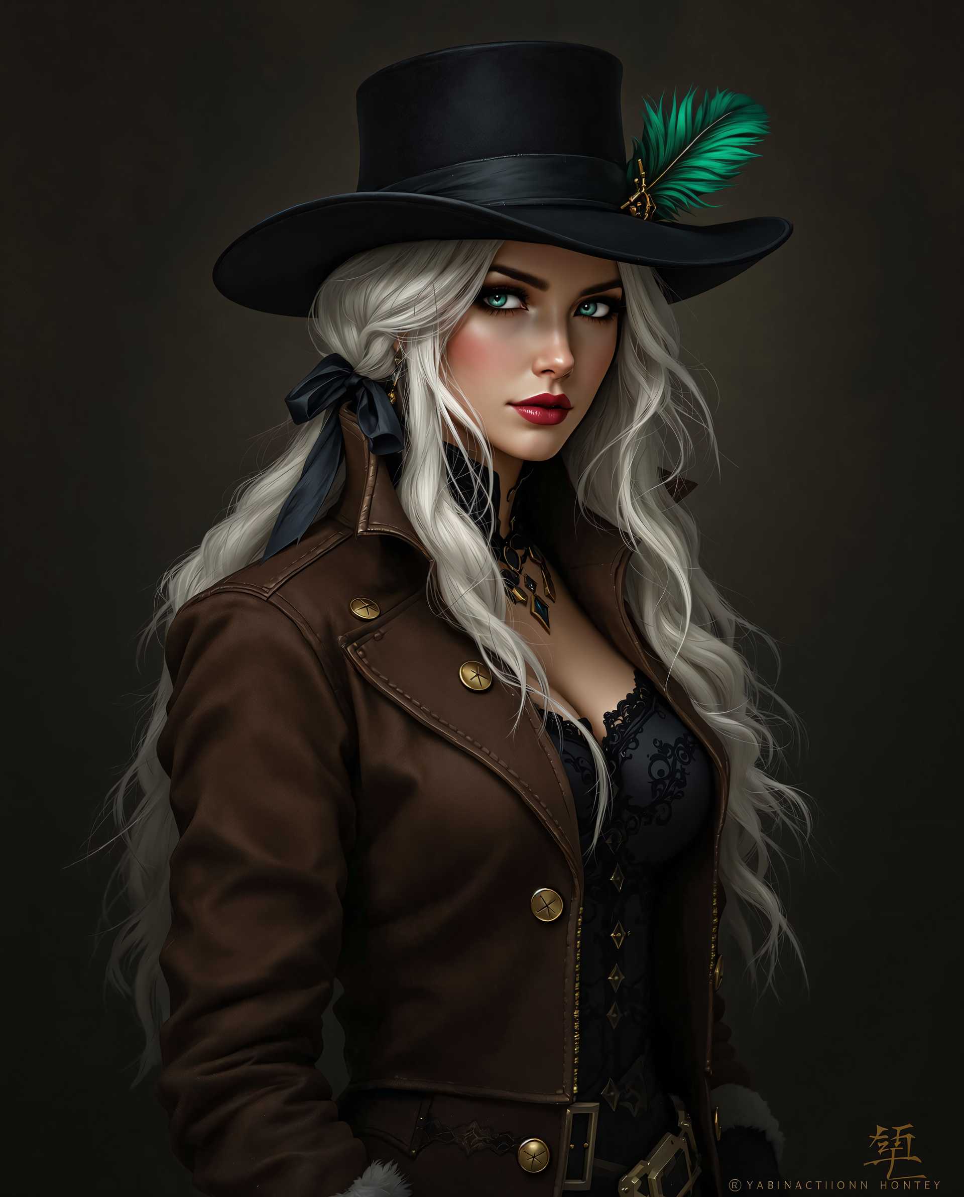masterpiece, best quality, highres, sharp image, more detail <lora:more_details:0.5> <lora:SDXLrender_v2.0:1>, A hyper-realistic digital painting of a female character, captured as if in a high-definition photograph, embodying a blend of fantasy and steampunk aesthetics. The subject stands in a three-quarter pose, framed centrally with a slight low-angle perspective, emphasizing her commanding presence. Her appearance is meticulously detailed, featuring long, flowing white hair that cascades in loose waves, partially tied back with a dark ribbon, contrasting sharply against a shadowy, textured background of deep charcoal and muted sepia tones. She wears a wide-brimmed black hat, adorned with two polished buttons and a vibrant green feather that injects a subtle hint of nature into the composition. Her attire consists of a high-collared, rugged brown jacket with intricate stitching and weathered patterns, layered over a black undergarment with delicate, ornate designs, and accented by a white fur trim at the collar, evoking a sense of both practicality and elegance. The interplay of dramatic lighting and shadow sculpts a three-dimensional effect, with soft, warm highlights illuminating the contours of her face, hat, and clothing, while deep, cool shadows create depth and mystery. The color palette is dominated by rich, dark tones—deep browns, blacks, and grays—balanced by the striking white of her hair and the vivid green feather, crafting a moody, atmospheric ambiance reminiscent of a foggy, early morning in a Victorian-inspired fantasy world. The textures are hyper-detailed, from the worn leather of the jacket to the soft sheen of the fur trim and the intricate gradients of her hair, rendered with the precision of a master digital artist. The overall mood is enigmatic and captivating, with a cinematic quality that draws the viewer into the character's story, enhanced by the seamless blending of colors and a photorealistic finish.