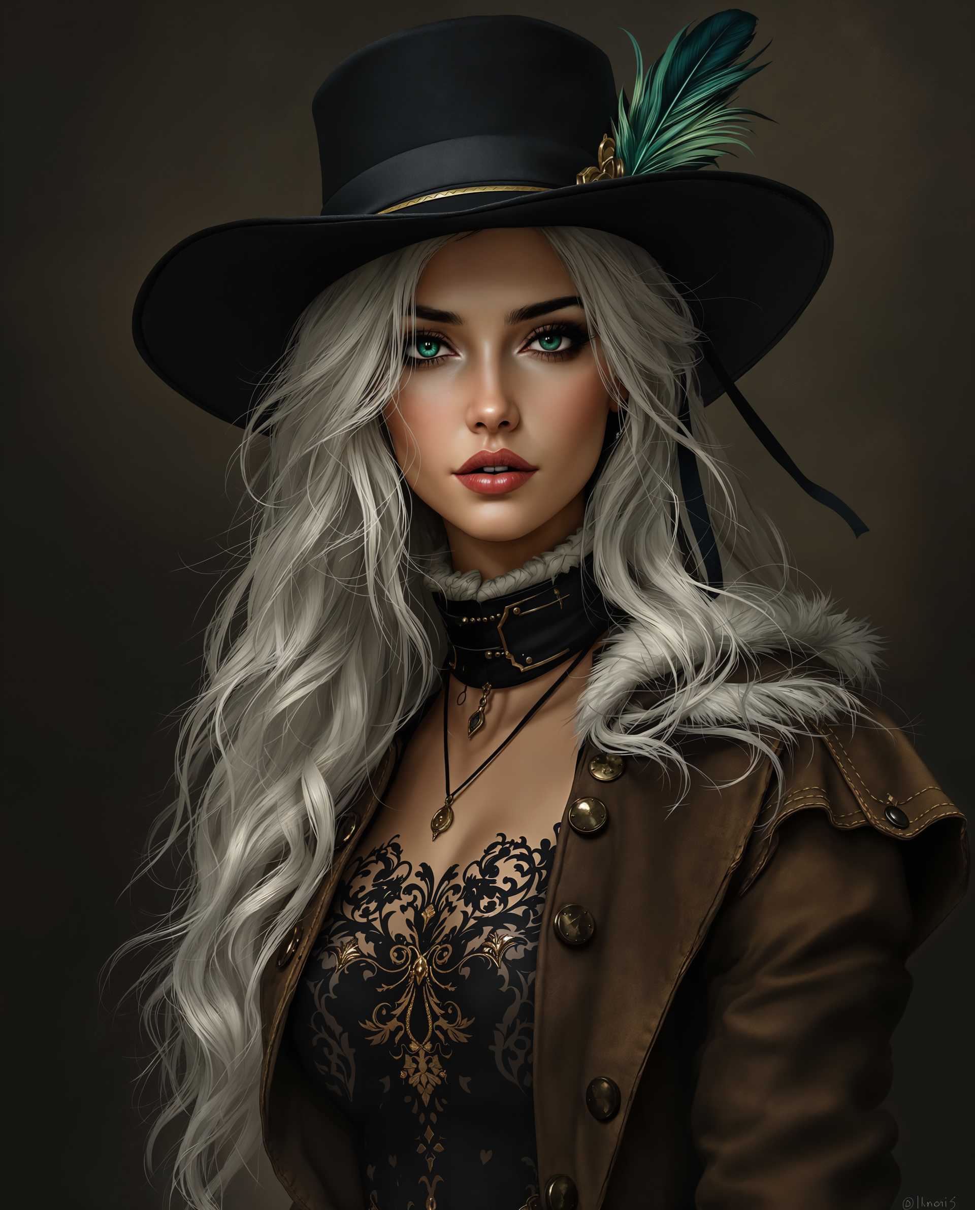 masterpiece, best quality, highres, sharp image, more detail <lora:more_details:0.5> <lora:SDXLrender_v2.0:1>, masterpiece, best quality, highres, sharp image, more detail, A hyper-realistic digital painting of a female character, captured as if in a high-definition photograph, embodying a blend of fantasy and steampunk aesthetics. The subject stands in a three-quarter pose, framed centrally with a slight low-angle perspective, emphasizing her commanding presence. Her appearance is meticulously detailed, featuring long, flowing white hair that cascades in loose waves, partially tied back with a dark ribbon, contrasting sharply against a shadowy, textured background of deep charcoal and muted sepia tones. She wears a wide-brimmed black hat, adorned with two polished buttons and a vibrant green feather that injects a subtle hint of nature into the composition. Her attire consists of a high-collared, rugged brown jacket with intricate stitching and weathered patterns, layered over a black undergarment with delicate, ornate designs, and accented by a white fur trim at the collar, evoking a sense of both practicality and elegance. The interplay of dramatic lighting and shadow sculpts a three-dimensional effect, with soft, warm highlights illuminating the contours of her face, hat, and clothing, while deep, cool shadows create depth and mystery. The color palette is dominated by rich, dark tones—deep browns, blacks, and grays—balanced by the striking white of her hair and the vivid green feather, crafting a moody, atmospheric ambiance reminiscent of a foggy, early morning in a Victorian-inspired fantasy world. The textures are hyper-detailed, from the worn leather of the jacket to the soft sheen of the fur trim and the intricate gradients of her hair, rendered with the precision of a master digital artist. The overall mood is enigmatic and captivating, with a cinematic quality that draws the viewer into the character's story, enhanced by the seamless blending of colors and a photorealistic finish.
