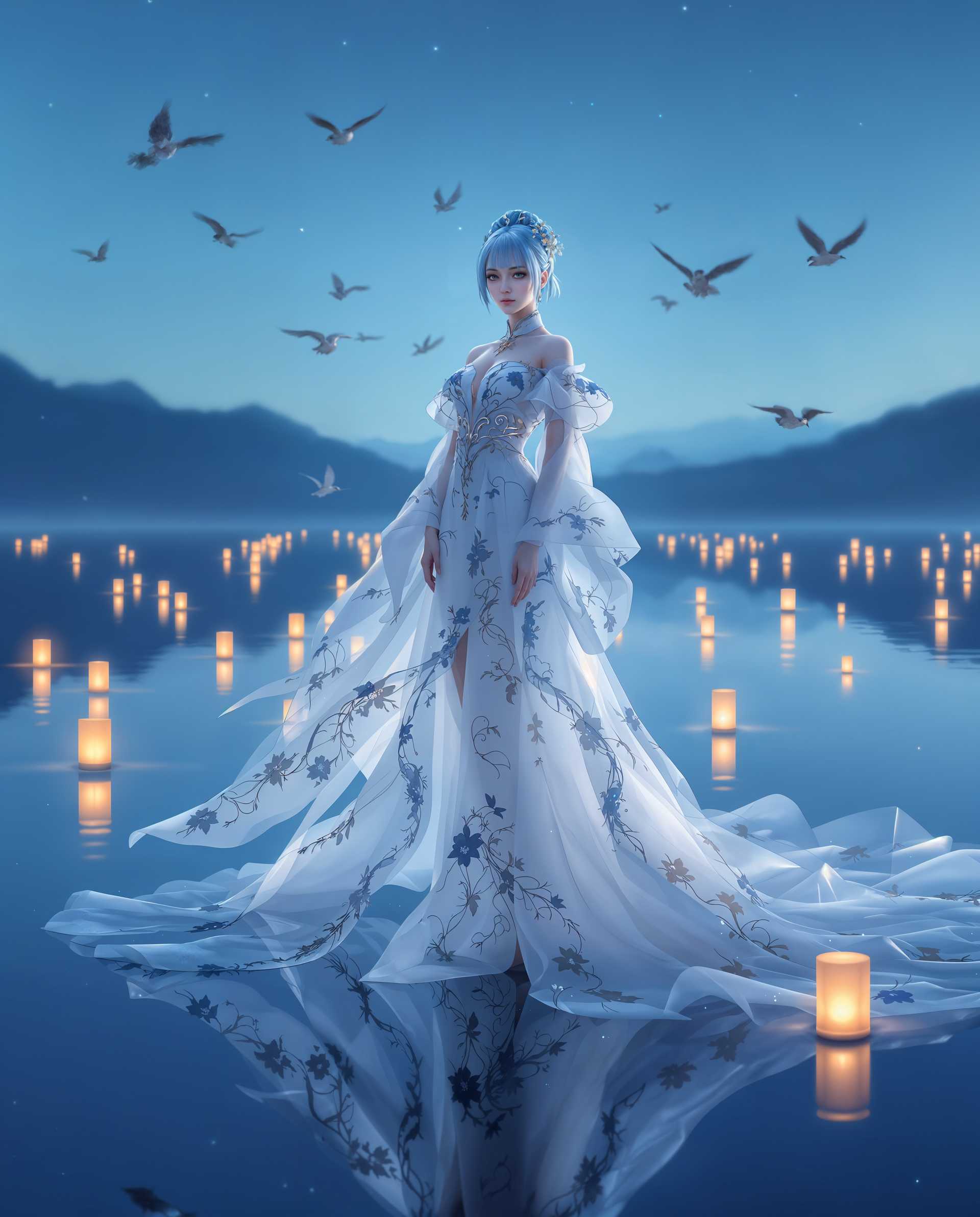 masterpiece, best quality, highres, sharp image, more detail <lora:more_details:0.5> <lora:SDXLrender_v2.0:1>, masterpiece, best quality, highres, sharp image, more detail, A hyper-realistic digital photograph of a female character standing gracefully on a reflective water surface, mirroring the serene night sky above. She wears an elaborate, ethereal outfit inspired by traditional East Asian attire with a modern twist, predominantly white with intricate gold and blue accents. The outfit features detailed floral and cloud motifs embroidered into the fabric, short puffy sleeves, a high neckline with delicate lace trim, and a long, flowing skirt that extends into a translucent, featherlike train, billowing softly as if caught in a gentle breeze. Her pale, icy blue hair is styled in a modern short cut with bangs, perfectly complementing the cool tones of her ensemble. Her natural skin tone glows under the soft lighting, and her barefoot stance enhances her grounded yet otherworldly aura.

The background depicts a tranquil night scene, with a gradient sky transitioning from deep indigo to soft light blue, and the faint silhouette of distant mountains adding depth. Floating above her are several birds in mid-flight, their wings outstretched, symbolizing freedom and movement. Scattered across the water are glowing lanterns, casting a warm, orange light that contrasts beautifully with the cool, mystical tones of the night, creating subtle ripples and reflections on the surface.

The composition centers the character in the foreground, captured from a slightly low angle to emphasize her commanding yet serene presence, with the reflective water extending toward the horizon. The lighting is soft and cinematic, with a balance of cool moonlight illuminating her form and warm lantern glows dotting the scene, enhancing the textures of her outfit and the glassy water. The overall mood is one of mystique and elegance, blending traditional and modern elements into a harmonious, dreamlike atmosphere. The image is rendered in a hyper-detailed digital art style, with photorealistic textures, precise reflections, and a focus on intricate design elements, evoking a sense of wonder and timeless beauty.