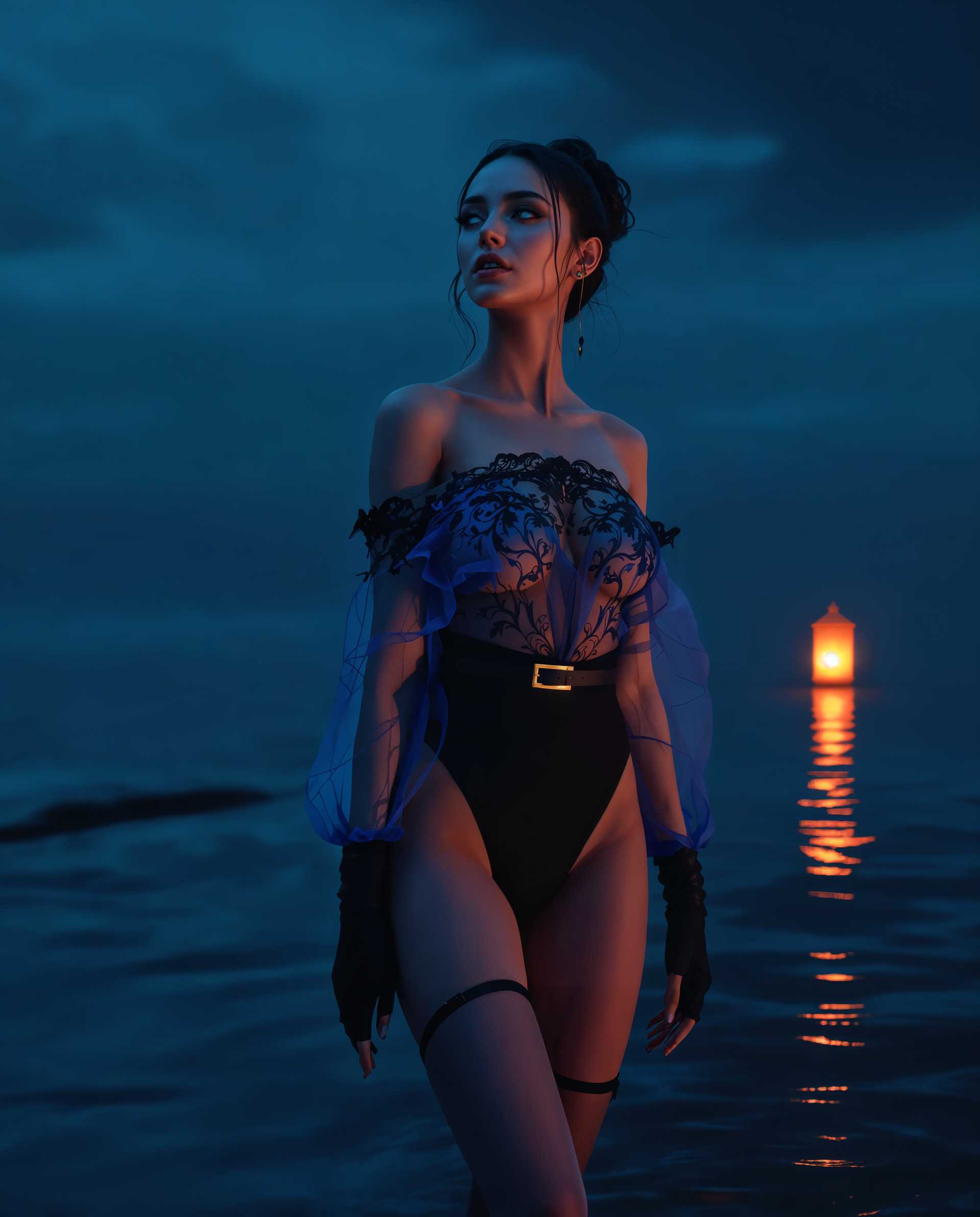 masterpiece, best quality, highres, sharp image, more detail <lora:more_details:0.5> <lora:SDXLrender_v2.0:1>, masterpiece, best quality, highres, sharp image, more detail, A hyper-realistic photograph of a captivating female figure, blending lifelike detail with a subtle touch of fantasy. The woman stands as the central focus, positioned slightly off-center in a three-quarter view, gazing thoughtfully into the distance with a serene yet enigmatic expression. Her skin is rendered in natural, warm flesh tones with soft highlights and delicate shadows, emphasizing a realistic texture. She wears a striking outfit that merges elegance and allure: a sheer, translucent blue off-the-shoulder top with intricate lace-like patterns across the shoulders and chest, revealing a black undergarment beneath. The long, flowing sleeves are also sheer, ending in fingerless gloves that add a delicate, ethereal quality. Her lower half is adorned with a form-fitting black bodysuit, accentuated by a gold belt that cinches her waist, and a black thigh-high strap with a gold buckle on her left leg. Black strappy sandals wrap around her ankles, grounding the outfit with a modern edge.

The background features a tranquil body of water under a deep navy blue sky, evoking a melancholic and mysterious mood. The water's surface is dark blue with gentle ripples, reflecting the warm orange and red glow of a single, ornate lantern floating in the distance. This glowing lantern serves as a striking contrast to the cool, muted palette of blues and purples that dominate the scene, casting a soft, warm light that dances on the water. A faint, otherworldly glow emanates from beneath the water's surface, suggesting hidden underwater lights or magical reflections, enhancing the fantasy element.

The composition is framed with a low camera angle, looking slightly upward at the woman, emphasizing her commanding presence against the vast, serene expanse of water and sky. The lighting is soft and cinematic, with a cool, diffused moonlight effect blending with the warm tones of the lantern, creating a harmonious yet contrasting interplay of colors. The overall atmosphere is calm and introspective, with a touch of allure and mystique, captured in a photorealistic style with subtle fantasy undertones, reminiscent of high-end fashion photography mixed with surreal, dreamlike elements. Highly detailed textures, 8K resolution, and a focus on realistic rendering with a painterly fantasy edge complete the vision.
