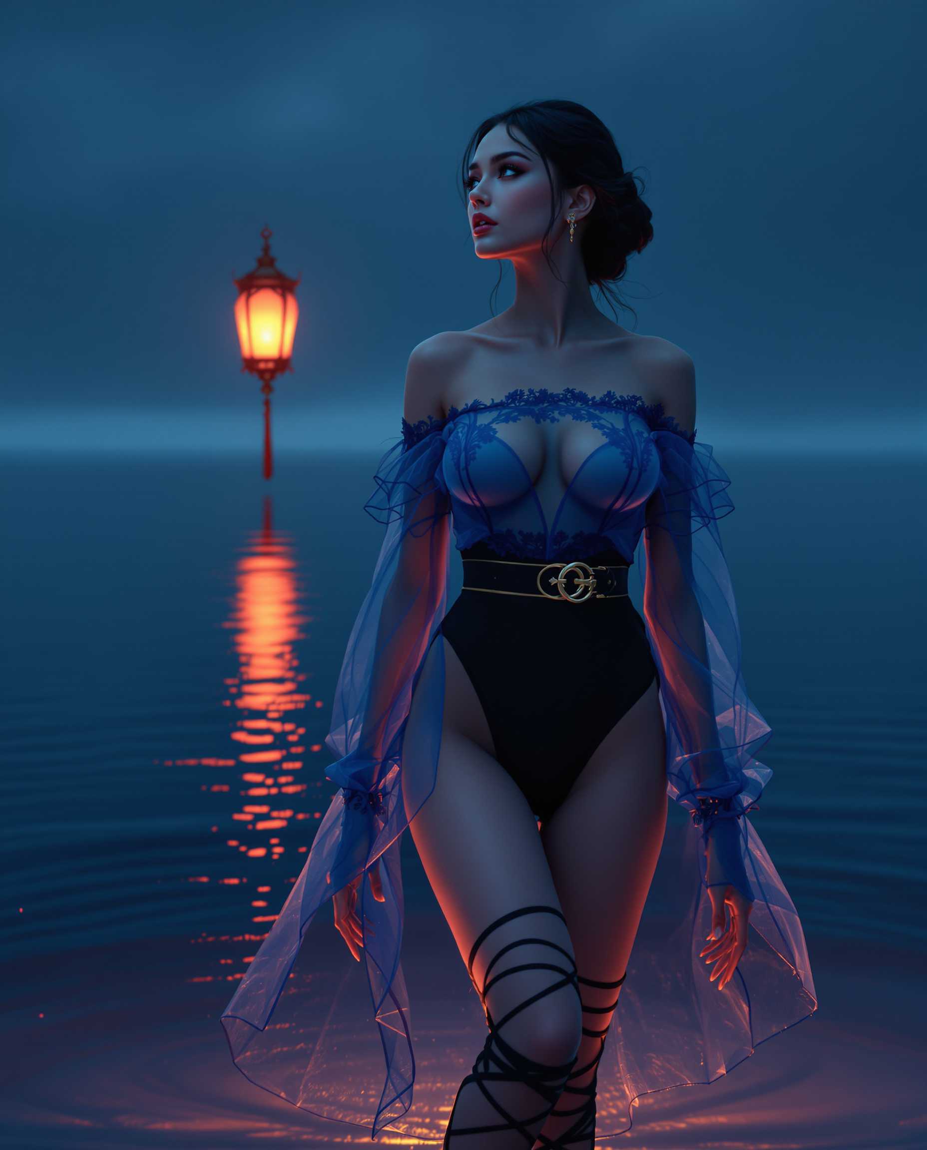 masterpiece, best quality, highres, sharp image, more detail, A hyper-realistic photograph of a captivating female figure, blending lifelike detail with a subtle touch of fantasy. The woman stands as the central focus, positioned slightly off-center in a three-quarter view, gazing thoughtfully into the distance with a serene yet enigmatic expression. Her skin is rendered in natural, warm flesh tones with soft highlights and delicate shadows, emphasizing a realistic texture. She wears a striking outfit that merges elegance and allure: a sheer, translucent blue off-the-shoulder top with intricate lace-like patterns across the shoulders and chest, revealing a black undergarment beneath. The long, flowing sleeves are also sheer, ending in fingerless gloves that add a delicate, ethereal quality. Her lower half is adorned with a form-fitting black bodysuit, accentuated by a gold belt that cinches her waist, and a black thigh-high strap with a gold buckle on her left leg. Black strappy sandals wrap around her ankles, grounding the outfit with a modern edge.

The background features a tranquil body of water under a deep navy blue sky, evoking a melancholic and mysterious mood. The water's surface is dark blue with gentle ripples, reflecting the warm orange and red glow of a single, ornate lantern floating in the distance. This glowing lantern serves as a striking contrast to the cool, muted palette of blues and purples that dominate the scene, casting a soft, warm light that dances on the water. A faint, otherworldly glow emanates from beneath the water's surface, suggesting hidden underwater lights or magical reflections, enhancing the fantasy element.

The composition is framed with a low camera angle, looking slightly upward at the woman, emphasizing her commanding presence against the vast, serene expanse of water and sky. The lighting is soft and cinematic, with a cool, diffused moonlight effect blending with the warm tones of the lantern, creating a harmonious yet contrasting interplay of colors. The overall atmosphere is calm and introspective, with a touch of allure and mystique, captured in a photorealistic style with subtle fantasy undertones, reminiscent of high-end fashion photography mixed with surreal, dreamlike elements. Highly detailed textures, 8K resolution, and a focus on realistic rendering with a painterly fantasy edge complete the vision.