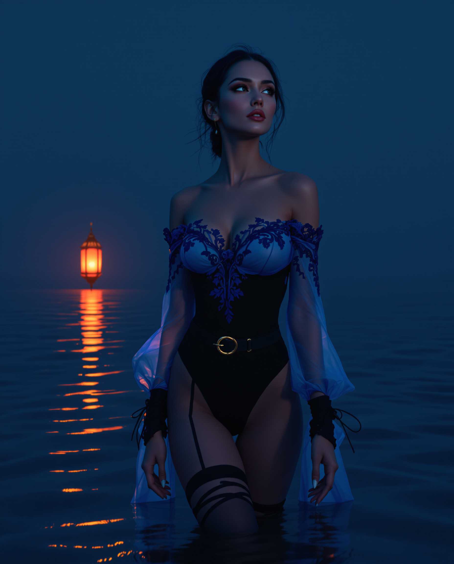 masterpiece, best quality, highres, sharp image, more detail, A hyper-realistic photograph of a captivating female figure, blending lifelike detail with a subtle touch of fantasy. The woman stands as the central focus, positioned slightly off-center in a three-quarter view, gazing thoughtfully into the distance with a serene yet enigmatic expression. Her skin is rendered in natural, warm flesh tones with soft highlights and delicate shadows, emphasizing a realistic texture. She wears a striking outfit that merges elegance and allure: a sheer, translucent blue off-the-shoulder top with intricate lace-like patterns across the shoulders and chest, revealing a black undergarment beneath. The long, flowing sleeves are also sheer, ending in fingerless gloves that add a delicate, ethereal quality. Her lower half is adorned with a form-fitting black bodysuit, accentuated by a gold belt that cinches her waist, and a black thigh-high strap with a gold buckle on her left leg. Black strappy sandals wrap around her ankles, grounding the outfit with a modern edge.

The background features a tranquil body of water under a deep navy blue sky, evoking a melancholic and mysterious mood. The water's surface is dark blue with gentle ripples, reflecting the warm orange and red glow of a single, ornate lantern floating in the distance. This glowing lantern serves as a striking contrast to the cool, muted palette of blues and purples that dominate the scene, casting a soft, warm light that dances on the water. A faint, otherworldly glow emanates from beneath the water's surface, suggesting hidden underwater lights or magical reflections, enhancing the fantasy element.

The composition is framed with a low camera angle, looking slightly upward at the woman, emphasizing her commanding presence against the vast, serene expanse of water and sky. The lighting is soft and cinematic, with a cool, diffused moonlight effect blending with the warm tones of the lantern, creating a harmonious yet contrasting interplay of colors. The overall atmosphere is calm and introspective, with a touch of allure and mystique, captured in a photorealistic style with subtle fantasy undertones, reminiscent of high-end fashion photography mixed with surreal, dreamlike elements. Highly detailed textures, 8K resolution, and a focus on realistic rendering with a painterly fantasy edge complete the vision.
