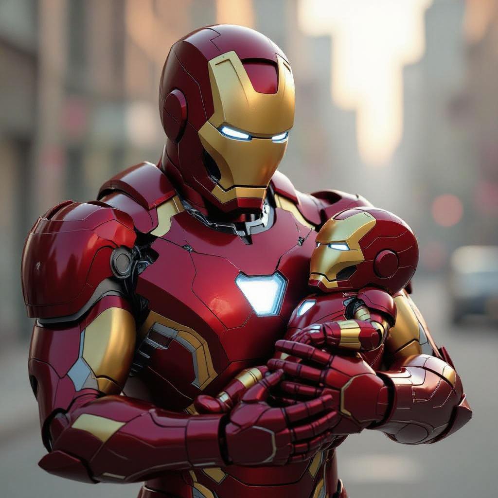 Generate an image of **Iron Man** tenderly cradling a **baby Iron Man** in his arms:

- **Subject**: Iron Man, fully armored in his iconic red and gold suit, exuding a sense of strength and heroism, holds a small, equally armored baby Iron Man. The baby's suit is a miniature version, with softer, rounded edges to signify youth.
  
- **Visual Details**: The metallic sheen of their armor reflects the ambient light, creating highlights and shadows that give depth to the metal texture. Iron Man's suit shows subtle signs of wear and battle, while the baby's armor is pristine and unscratched. 

- **Style**: Employ a **cinematic** style reminiscent of Marvel's movie aesthetic, with a high level of detail in the armor and a slight, artistic blur to the background to focus on the subjects.

- **Composition**: Iron Man is positioned at a slight angle, looking down with a mix of pride and affection at the baby. The baby's head is turned slightly towards the viewer, with one tiny hand reaching out. The camera angle is slightly low, emphasizing Iron Man's heroic stature.

- **Mood and Atmosphere**: The scene is set at **dusk**, with the sky transitioning from vibrant sunset colors to the deep blues of night, suggesting a peaceful moment after a day of adventure. The mood is **tender** yet **heroic**, with a warm, soft light illuminating the characters to enhance the emotional depth.

- **Technical Aspects**: Use **depth of field** to keep Iron Man and the baby in sharp focus while the background blurs, creating a **bokeh** effect. The lighting should mimic the **golden hour**, casting a warm glow over the scene with long shadows and a sense of tranquility.

- **Cohesion**: The scene should feel like a still from a Marvel film, where the strength and protective nature of Iron Man are juxtaposed with the innocence and vulnerability of the baby, creating a harmonious and emotionally resonant image.