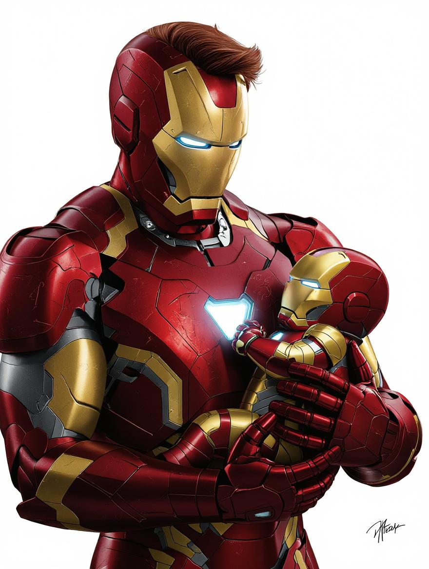 Generate an image of **Iron Man** tenderly cradling a **baby Iron Man** in his arms:

- **Subject**: Iron Man, fully armored in his iconic red and gold suit, exuding a sense of strength and heroism, holds a small, equally armored baby Iron Man. The baby's suit is a miniature version, with softer, rounded edges to signify youth.
  
- **Visual Details**: The metallic sheen of their armor reflects the ambient light, creating highlights and shadows that give depth to the metal texture. Iron Man's suit shows subtle signs of wear and battle, while the baby's armor is pristine and unscratched. 

- **Style**: Employ a **cinematic** style reminiscent of Marvel's movie aesthetic, with a high level of detail in the armor and a slight, artistic blur to the background to focus on the subjects.

- **Composition**: Iron Man is positioned at a slight angle, looking down with a mix of pride and affection at the baby. The baby's head is turned slightly towards the viewer, with one tiny hand reaching out. The camera angle is slightly low, emphasizing Iron Man's heroic stature.

- **Mood and Atmosphere**: The scene is set at **dusk**, with the sky transitioning from vibrant sunset colors to the deep blues of night, suggesting a peaceful moment after a day of adventure. The mood is **tender** yet **heroic**, with a warm, soft light illuminating the characters to enhance the emotional depth.

- **Technical Aspects**: Use **depth of field** to keep Iron Man and the baby in sharp focus while the background blurs, creating a **bokeh** effect. The lighting should mimic the **golden hour**, casting a warm glow over the scene with long shadows and a sense of tranquility.

- **Cohesion**: The scene should feel like a still from a Marvel film, where the strength and protective nature of Iron Man are juxtaposed with the innocence and vulnerability of the baby, creating a harmonious and emotionally resonant image.