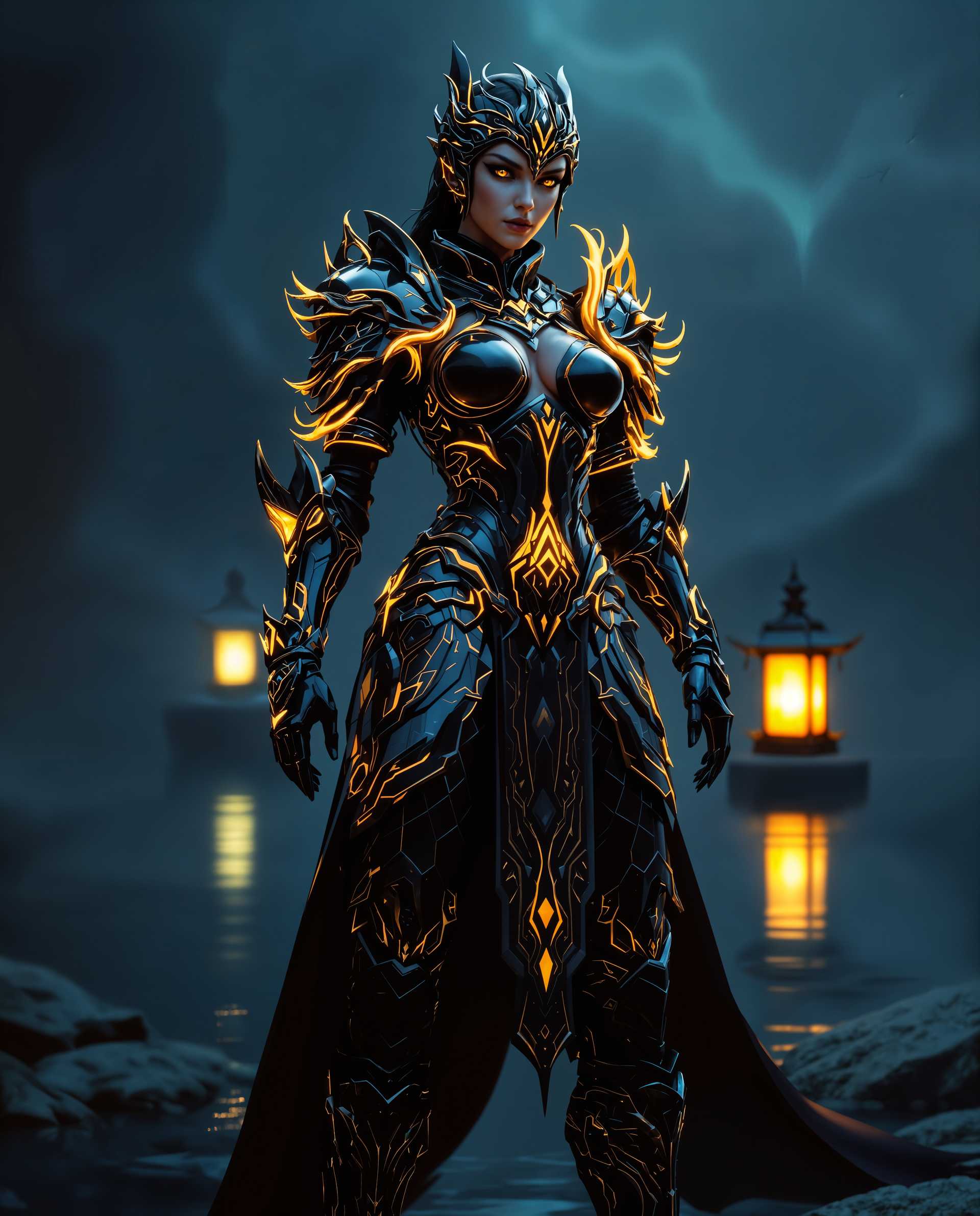 masterpiece, best quality, highres, sharp image, more detail <lora:more_details:0.5> <lora:SDXLrender_v2.0:1>, masterpiece, best quality, highres, sharp image, more detail, A hyper-realistic digital rendering of a powerful female warrior standing confidently in highly detailed, ornate armor, captured in a dramatic and cinematic composition. The armor is a stunning fusion of metallic and organic elements, predominantly black with intricate gold accents that feature angular, baroque-inspired designs and flowing, fantasy-like lines resembling water or smoke. The armor includes a fitted bodice with a high neckline, a slightly flared skirt with a short train adorned with scale-like patterns, and sleek black boots with gold highlights at the toe and heel. The character's posture exudes readiness and strength, with a commanding presence emphasized by a low-angle perspective that frames her as a towering figure. The lighting is dramatic, with a deep blue background contrasting against the warm, golden glow emanating from the character’s shoulder, casting subtle reflections on the armor’s polished surfaces and creating a striking sense of depth. The scene is set in a mysterious, fantasy-inspired environment at twilight, where a small traditional lantern floats on calm, reflective water in the background, its warm amber light casting a soft, ambient glow and adding a touch of mystique. The mood is a blend of elegance, power, and enigma, with a seamless integration of futuristic and historical elements. The image is rendered with photorealistic textures, smooth gradients, and meticulous attention to detail, evoking the quality of a high-end cinematic portrait.
