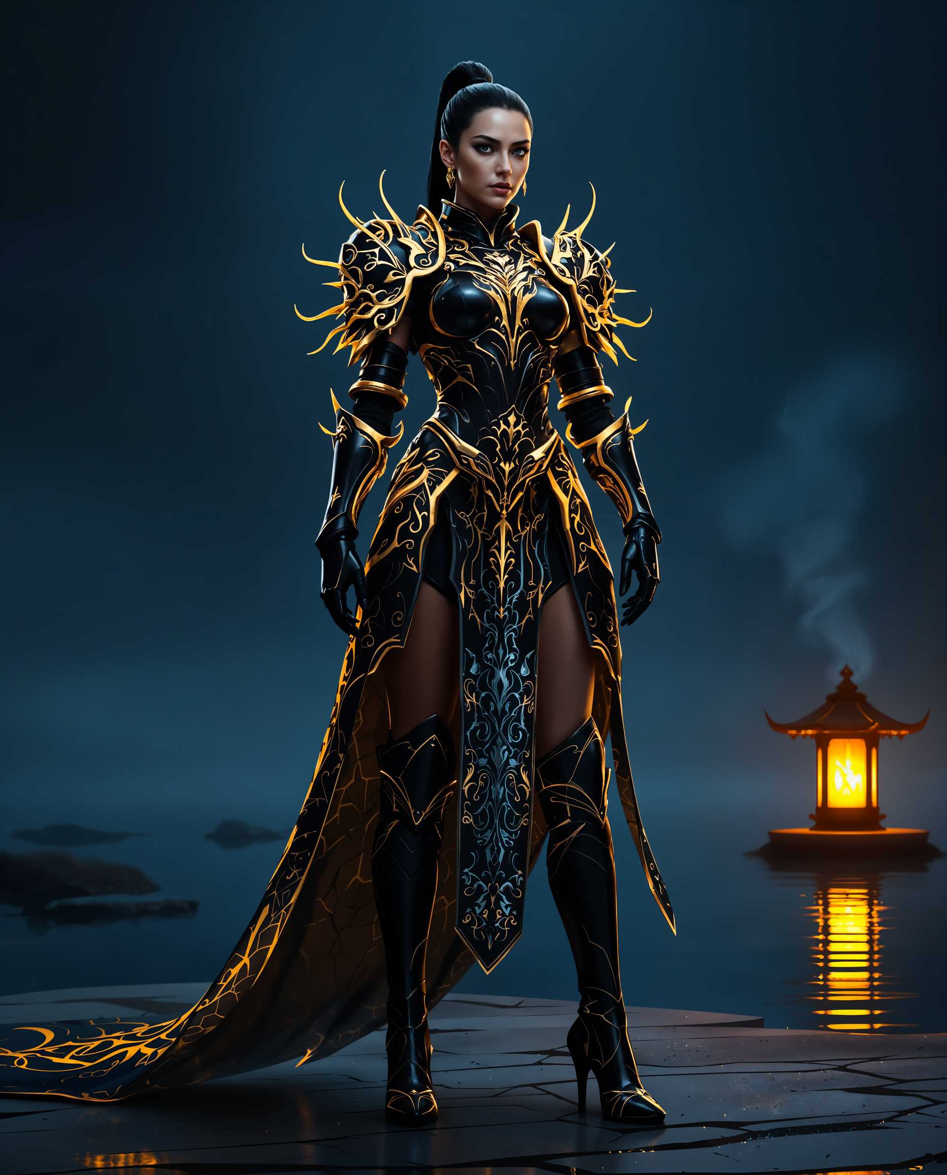 masterpiece, best quality, highres, sharp image, more detail <lora:more_details:0.5> <lora:SDXLrender_v2.0:1>, masterpiece, best quality, highres, sharp image, more detail, A hyper-realistic digital rendering of a powerful female warrior standing confidently in highly detailed, ornate armor, captured in a dramatic and cinematic composition. The armor is a stunning fusion of metallic and organic elements, predominantly black with intricate gold accents that feature angular, baroque-inspired designs and flowing, fantasy-like lines resembling water or smoke. The armor includes a fitted bodice with a high neckline, a slightly flared skirt with a short train adorned with scale-like patterns, and sleek black boots with gold highlights at the toe and heel. The character's posture exudes readiness and strength, with a commanding presence emphasized by a low-angle perspective that frames her as a towering figure. The lighting is dramatic, with a deep blue background contrasting against the warm, golden glow emanating from the character’s shoulder, casting subtle reflections on the armor’s polished surfaces and creating a striking sense of depth. The scene is set in a mysterious, fantasy-inspired environment at twilight, where a small traditional lantern floats on calm, reflective water in the background, its warm amber light casting a soft, ambient glow and adding a touch of mystique. The mood is a blend of elegance, power, and enigma, with a seamless integration of futuristic and historical elements. The image is rendered with photorealistic textures, smooth gradients, and meticulous attention to detail, evoking the quality of a high-end cinematic portrait.