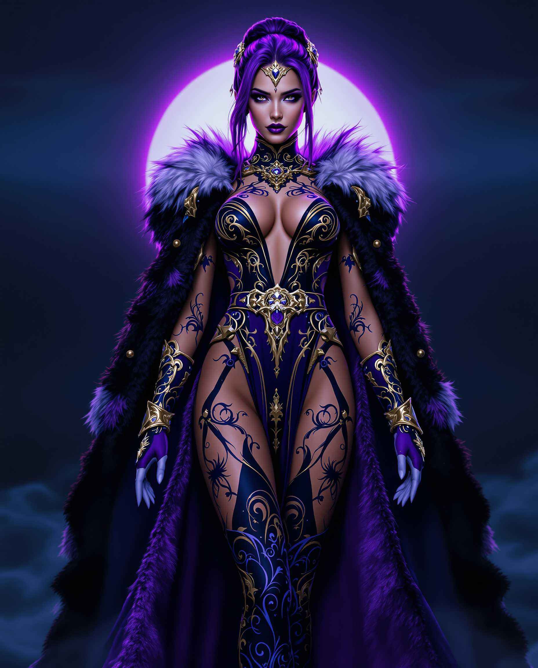 masterpiece, best quality, highres, sharp image, more detail, A hyper-realistic photograph of a striking female character embodying a fusion of fantasy and modern aesthetics, standing with a confident, powerful posture that radiates readiness and strength. She is dressed in an elaborate costume blending rich textures and intricate patterns, dominated by deep shades of purple and black with luxurious gold and white accents. Her outfit features a fur-trimmed cloak that drapes elegantly over her shoulders and chest, exuding warmth and opulence, with swirling golden embellishments that shimmer under soft, dramatic lighting. The fitted bodice, with a daring plunging neckline and high slit revealing her legs, is adorned with delicate floral motifs and intricate scrollwork in purple and gold, creating a dynamic sense of movement. A cinched waist is accentuated by a wide belt with an ornate, golden buckle, enhancing her regal silhouette.

Her arms are encased in detailed gloves matching the bodice, with purple and gold accents and flared cuffs that echo the cloak’s design, ensuring a cohesive aesthetic. Her bare legs display intricate tattoos in flowing purple and black patterns, resembling water or smoke, cascading down to her feet, which are adorned with golden ankle cuffs that mirror the belt buckle. Her hair is styled in a sleek, modern manner with vibrant purple highlights, complemented by an ornate headpiece in purple and gold, tying into the costume’s opulent theme.

The background is a vast, dark blue expanse fading into the horizon, suggesting an endless, open space. A subtle, ethereal glow emanates from behind her, hinting at a magical or supernatural essence, enhancing the fantasy element. The composition centers the character in a commanding frontal pose, captured from a low-angle perspective to emphasize her dominance and strength, framed tightly to focus on her detailed attire and presence. The mood is enigmatic and powerful, set under a twilight sky with a cool, mysterious atmosphere, illuminated by soft, cinematic lighting that highlights the textures of fur, fabric, and metallic accents. The image is rendered in a hyper-detailed, photorealistic style, with sharp focus and high contrast to emphasize every intricate element of the costume and tattoos, creating a seamless blend of fantasy and contemporary design.