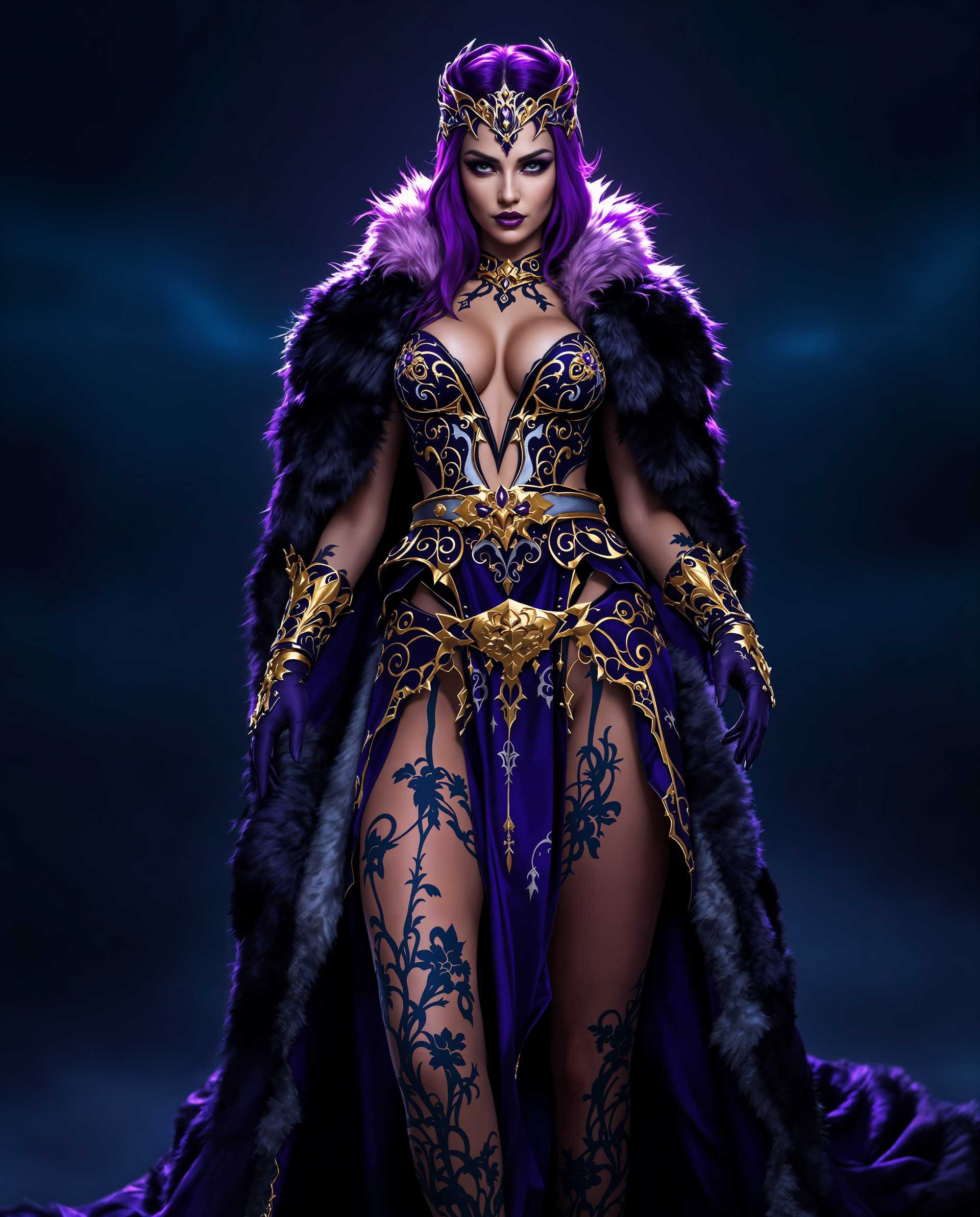masterpiece, best quality, highres, sharp image, more detail <lora:more_details:0.5> <lora:SDXLrender_v2.0:1>, masterpiece, best quality, highres, sharp image, more detail, A hyper-realistic photograph of a striking female character embodying a fusion of fantasy and modern aesthetics, standing with a confident, powerful posture that radiates readiness and strength. She is dressed in an elaborate costume blending rich textures and intricate patterns, dominated by deep shades of purple and black with luxurious gold and white accents. Her outfit features a fur-trimmed cloak that drapes elegantly over her shoulders and chest, exuding warmth and opulence, with swirling golden embellishments that shimmer under soft, dramatic lighting. The fitted bodice, with a daring plunging neckline and high slit revealing her legs, is adorned with delicate floral motifs and intricate scrollwork in purple and gold, creating a dynamic sense of movement. A cinched waist is accentuated by a wide belt with an ornate, golden buckle, enhancing her regal silhouette.

Her arms are encased in detailed gloves matching the bodice, with purple and gold accents and flared cuffs that echo the cloak’s design, ensuring a cohesive aesthetic. Her bare legs display intricate tattoos in flowing purple and black patterns, resembling water or smoke, cascading down to her feet, which are adorned with golden ankle cuffs that mirror the belt buckle. Her hair is styled in a sleek, modern manner with vibrant purple highlights, complemented by an ornate headpiece in purple and gold, tying into the costume’s opulent theme.

The background is a vast, dark blue expanse fading into the horizon, suggesting an endless, open space. A subtle, ethereal glow emanates from behind her, hinting at a magical or supernatural essence, enhancing the fantasy element. The composition centers the character in a commanding frontal pose, captured from a low-angle perspective to emphasize her dominance and strength, framed tightly to focus on her detailed attire and presence. The mood is enigmatic and powerful, set under a twilight sky with a cool, mysterious atmosphere, illuminated by soft, cinematic lighting that highlights the textures of fur, fabric, and metallic accents. The image is rendered in a hyper-detailed, photorealistic style, with sharp focus and high contrast to emphasize every intricate element of the costume and tattoos, creating a seamless blend of fantasy and contemporary design.