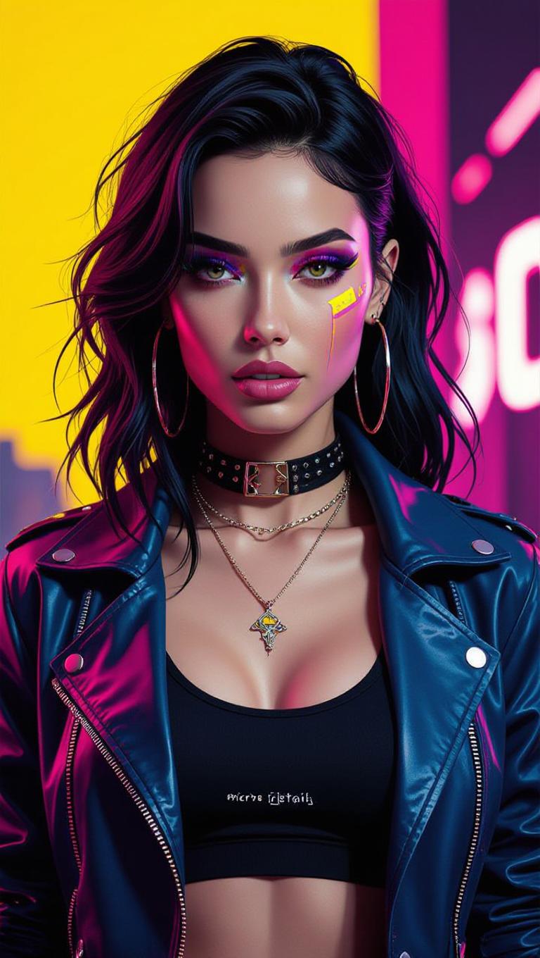 masterpiece, best quality, highres, sharp image, more detail <lora:more_details:0.5> <lora:SDXLrender_v2.0:1>, masterpiece, best quality, highres, sharp image, more detail, This image is a realistic photo (photograph) of a female real person digital creation that exudes a vibrant and edgy aesthetic, with a strong emphasis on neon colors and a cyberpunk influence. The art style is reminiscent of contemporary pop art with a futuristic twist, utilizing bold outlines and a highcontrast color palette.The medium appears to be a digital painting or graphic, as evidenced by the smooth gradients and seamless blending of colors. The image is set against a dark, moody background that suggests an indoor setting with blue lighting, which casts dynamic shadows and highlights across the subject.The colors are striking and saturated, with a predominance of neon green and blue hues that stand out against the darker tones. The subject is wearing a neon green bomber jacket with a high collar and a matching neon green wristband, which adds to the overall pop of color. The jacket has a slightly puffed, oversized fit that contributes to the edgy, urban look.The subjects legs are crossed, and they are wearing white sneakers with a hightop design and a mix of patterns, including floral and geometric shapes. The sneakers have a translucent quality, with neon green accents that match the jacket and wristband. The subjects socks are also neon green, which ties the outfit together.The subjects pose is relaxed yet deliberate, with one knee slightly bent and the other leg extended. The hands are placed on the knees, and the fingers are slightly curled, giving the impression of a casual, contemplative stance.Overall, the image is a visually arresting piece that combines fashion, art, and technology to create a compelling and dynamic visual experience.