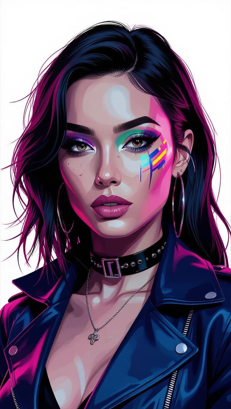 masterpiece, best quality, highres, sharp image, more detail <lora:more_details:0.5> <lora:SDXLrender_v2.0:1>, masterpiece, best quality, highres, sharp image, more detail, This image is a realistic photo (photograph) of a female real person digital creation that exudes a vibrant and edgy aesthetic, with a strong emphasis on neon colors and a cyberpunk influence. The art style is reminiscent of contemporary pop art with a futuristic twist, utilizing bold outlines and a highcontrast color palette.The medium appears to be a digital painting or graphic, as evidenced by the smooth gradients and seamless blending of colors. The image is set against a dark, moody background that suggests an indoor setting with blue lighting, which casts dynamic shadows and highlights across the subject.The colors are striking and saturated, with a predominance of neon green and blue hues that stand out against the darker tones. The subject is wearing a neon green bomber jacket with a high collar and a matching neon green wristband, which adds to the overall pop of color. The jacket has a slightly puffed, oversized fit that contributes to the edgy, urban look.The subjects legs are crossed, and they are wearing white sneakers with a hightop design and a mix of patterns, including floral and geometric shapes. The sneakers have a translucent quality, with neon green accents that match the jacket and wristband. The subjects socks are also neon green, which ties the outfit together.The subjects pose is relaxed yet deliberate, with one knee slightly bent and the other leg extended. The hands are placed on the knees, and the fingers are slightly curled, giving the impression of a casual, contemplative stance.Overall, the image is a visually arresting piece that combines fashion, art, and technology to create a compelling and dynamic visual experience.