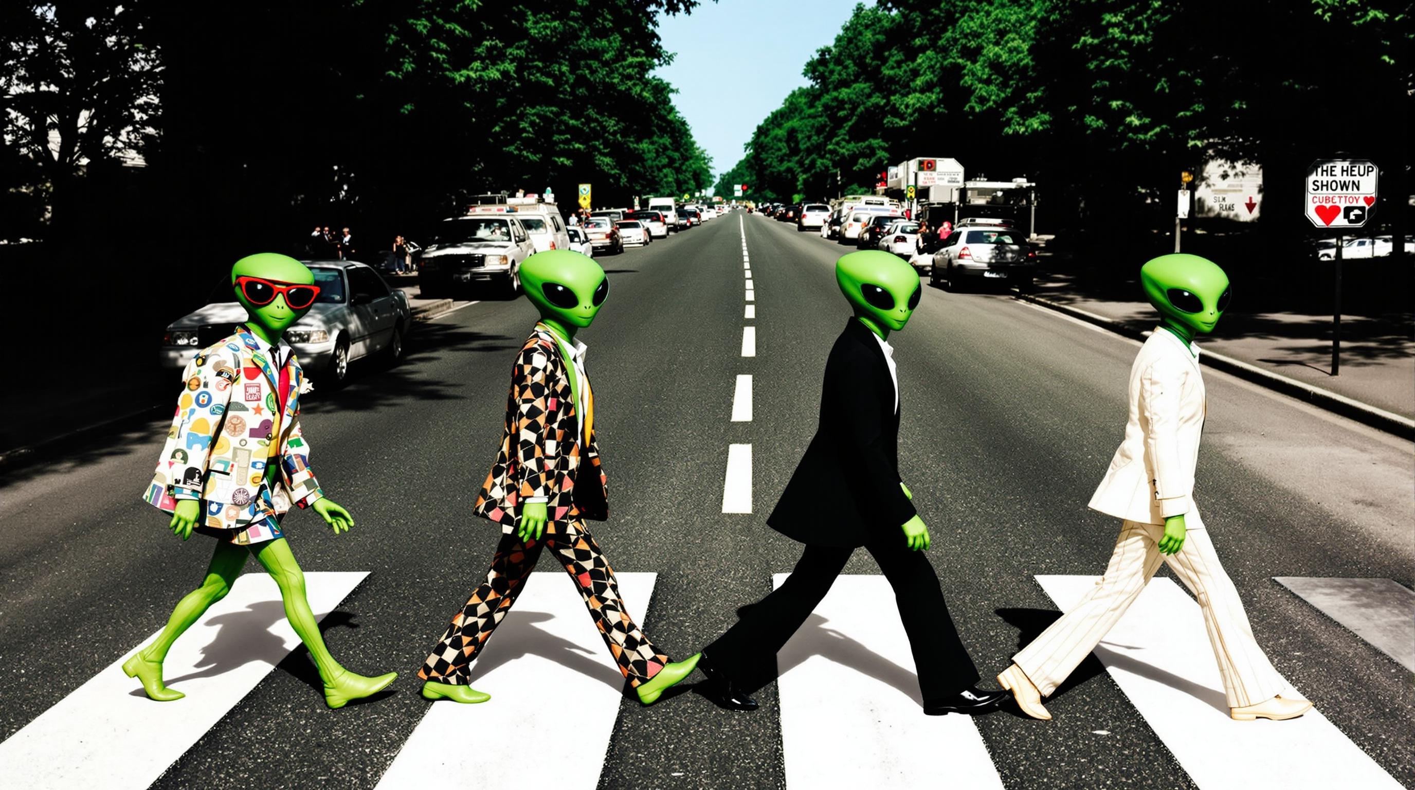 
Four green aliens, wearing 1960's attire are crossing Abbey Road, 1969.


