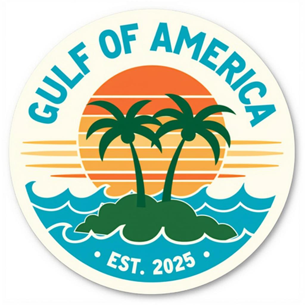 This image is a circular sticker with a white background. The sticker features a central graphic that depicts a tropical scene. The art style is reminiscent of a vintage or retro design, with bold, graphic lines and simple shapes.At the top of the sticker, in capitalized, bold blue letters, is the text GULF OF AMERICA. Below the text, in a similar style, is the year 2025 with the word EST. preceding it, indicating that the entity or location named Gulf of America was established in the year 2025.In the center of the graphic, there is an island with three palm trees of varying heights, depicted in a simple, stylized manner. The island is surrounded by blue waves, representing water. Behind the island, there is a large orange sun with red and yellow horizontal lines, suggesting the sun is setting or rising. The suns rays are depicted as short, horizontal lines that give the appearance of the suns light reflecting off the water.The colors used in the sticker are primarily blue, green, orange, and white. The blue is used for the waves, the sky, and the text, while the green is used for the palm trees and the island. The orange is used for the sun, and the white is used for the background of the sticker and the rays of the sun.Overall, the sticker has a cheerful and tropical vibe, likely intended to evoke feelings of relaxation and vacation. The retro design elements and the use of bright, bold colors contribute to the stickers eyecatching appearance.