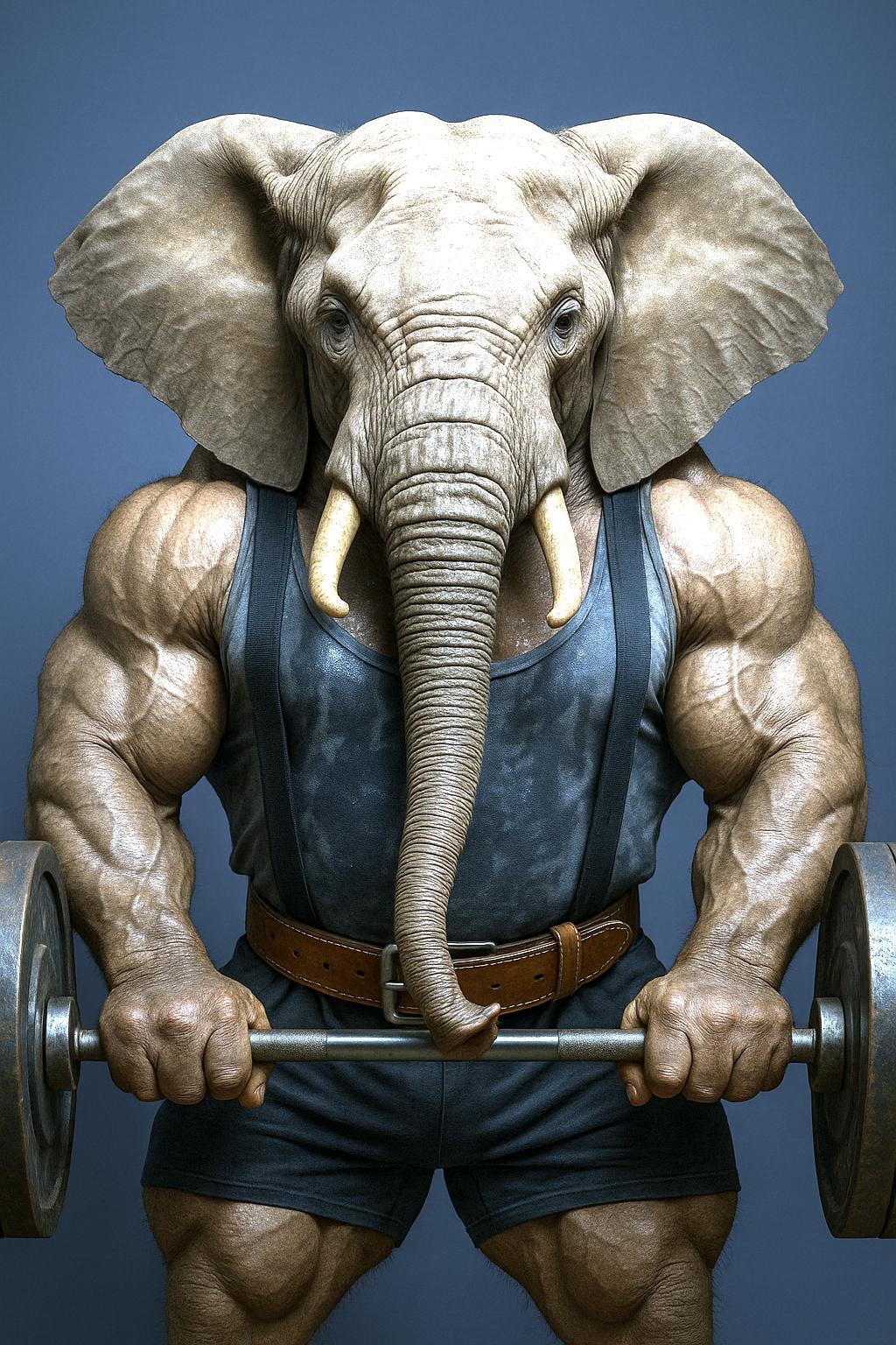 A highly detailed, 4K studio portrait of a realistic elephant, styled as a body builder, wearing a sweat-drenched gym tank top stretched tightly over its massive shoulders and chest, with lifting straps and a worn leather weight belt. The elephant is depicted from the torso or upper body up, with full head, shoulders, visible limbs, and entire width clearly shown, against a solid slate gray background, gazing directly at the camera. It is holding a barbell loaded with iron plates using its thick, wrinkled forelegs and trunk — the forelegs bracing against the bar’s sides with dense, leathery skin and rounded toenails planted for stability, while the muscular trunk curls underneath to support the bar’s center with precise grip and coiling tension. The expression or surface detail should convey intense strain and vascular determination typical of competitive lifters, with exceptional realism in lighting, texture, and natural features — including wrinkled gray skin, sparse body hair, and pronounced musculature beneath the thick hide.