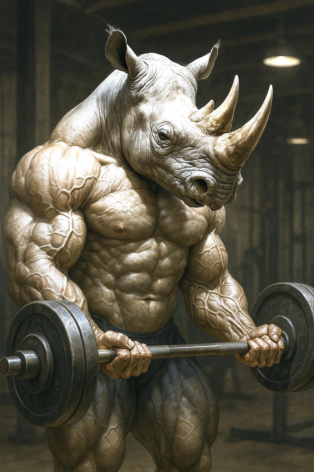Make a really humanoid rhinoceros doing barbell bicep curls with rippling muscles and veins on his arms.