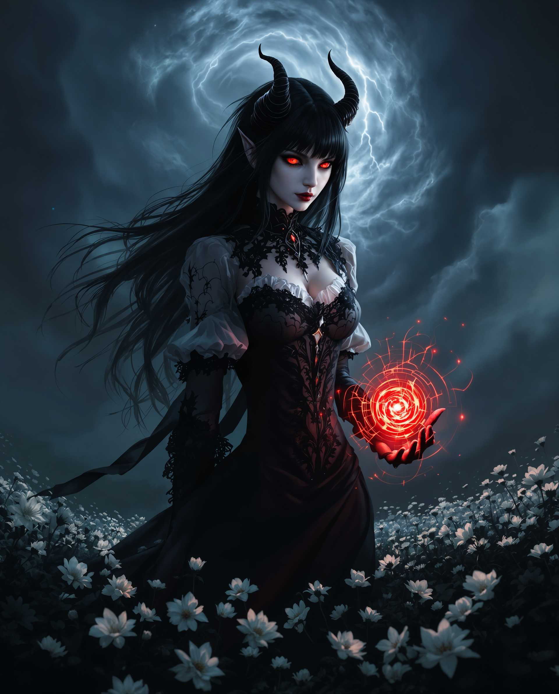 masterpiece, best quality, highres, sharp image, more detail <lora:more_details:0.5> <lora:SDXLrender_v2.0:1>, masterpiece, best quality, highres, sharp image, more detail, This is a realistic photo (photograph) of a female real person intricate and detailed digital artwork that features a central figure, a female with a gothic aesthetic, against a dramatic and moody backdrop. The art style is reminiscent of Realistic or science fiction, with a focus on the interplay of light and shadow, and the use of textures and patterns to create a sense of depth and realism.The medium appears to be digital painting, given the smooth gradients, the lack of brush strokes, and the high level of detail. The colors are rich and varied, with a predominance of dark blues, blacks, and grays, punctuated by the bright red of the glowing object in the figures hand and the stark white of the flowers in the foreground. The contrast between the dark and light elements creates a sense of drama and tension.The central figure is dressed in a black and white outfit with lace and ruffles, which adds to the gothic feel. She has long, flowing hair with bangs and horns protruding from her head, which gives her a demonic or otherworldly appearance. Her eyes are red, which is a common trope in Realistic art to signify power or otherworldliness.She is holding a glowing object, which appears to be a magical or technological device, given its intricate design and the energy emanating from it. The object is red, which stands out against the predominantly cool tones of the scene.The background is a tumultuous sky, filled with swirling clouds and lightning, which adds to the overall sense of chaos and power. Below the figure, there is a field of white flowers, which provides a stark contrast to the dark and stormy sky above.Overall, the image is a powerful and evocative piece of realistic art, with a strong emphasis on the interplay of light, shadow, and color, and a detailed and realistic depiction of the central figure and her surroundings.