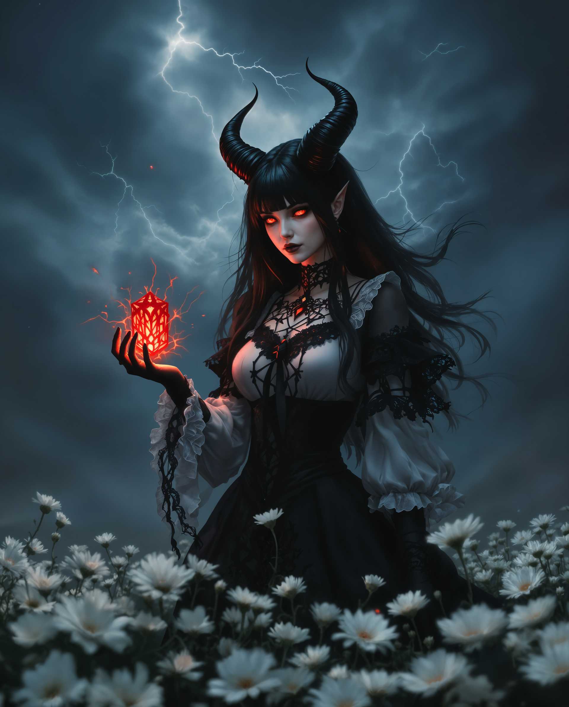 masterpiece, best quality, highres, sharp image, more detail <lora:more_details:0.5> <lora:SDXLrender_v2.0:1>, masterpiece, best quality, highres, sharp image, more detail, This is a realistic photo (photograph) of a female real person intricate and detailed digital artwork that features a central figure, a female with a gothic aesthetic, against a dramatic and moody backdrop. The art style is reminiscent of Realistic or science fiction, with a focus on the interplay of light and shadow, and the use of textures and patterns to create a sense of depth and realism.The medium appears to be digital painting, given the smooth gradients, the lack of brush strokes, and the high level of detail. The colors are rich and varied, with a predominance of dark blues, blacks, and grays, punctuated by the bright red of the glowing object in the figures hand and the stark white of the flowers in the foreground. The contrast between the dark and light elements creates a sense of drama and tension.The central figure is dressed in a black and white outfit with lace and ruffles, which adds to the gothic feel. She has long, flowing hair with bangs and horns protruding from her head, which gives her a demonic or otherworldly appearance. Her eyes are red, which is a common trope in Realistic art to signify power or otherworldliness.She is holding a glowing object, which appears to be a magical or technological device, given its intricate design and the energy emanating from it. The object is red, which stands out against the predominantly cool tones of the scene.The background is a tumultuous sky, filled with swirling clouds and lightning, which adds to the overall sense of chaos and power. Below the figure, there is a field of white flowers, which provides a stark contrast to the dark and stormy sky above.Overall, the image is a powerful and evocative piece of realistic art, with a strong emphasis on the interplay of light, shadow, and color, and a detailed and realistic depiction of the central figure and her surroundings.