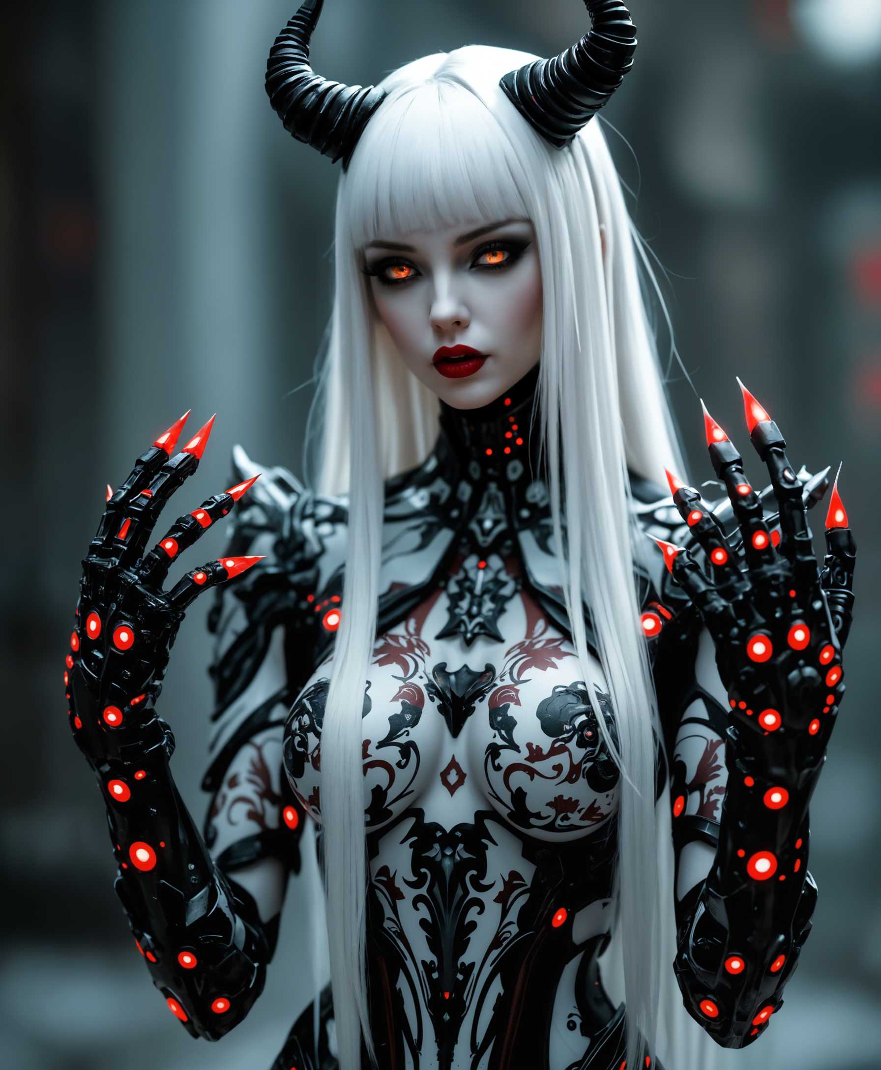 masterpiece, best quality, highres, sharp image, more detail <lora:more_details:0.5> <lora:SDXLrender_v2.0:1>, masterpiece, best quality, highres, sharp image, more detail, This is a realistic photo (photograph) of a female real person image that features a character that appears to be a blend of human and mechanical elements, with a strong emphasis on gothic and realistic themes. The character is predominantly white with black and red accents, and has a very stylized and detailed appearance.The characters hair is long and straight, with bangs that frame the face, and it has a pale, almost translucent quality. The hair is adorned with black horns that protrude from the top of the head, and the tips of the hair are tinted with a red hue.The characters body is clad in a tightfitting bodysuit that is predominantly black with white and red detailing. The bodysuit has a high neckline and is fitted with armorlike plates that cover the chest, arms, and legs. The armor is adorned with red and white floral patterns, and the red accents glow with an inner light, giving the armor a dynamic and almost pulsating appearance.The characters hands are raised, and each hand is detailed with mechanical fingers and claws that are tipped with red, glowing orbs. The fingers are elongated and slightly curved, and the orbs emit a bright red light that seems to be emanating from within.The characters legs are covered with a similar armorlike material to the bodysuit, with red and white floral patterns and glowing red accents. The legs are also adorned with a series of red, circular patterns that resemble eyes or lenses, giving the legs a mechanical and somewhat alien appearance.The character is standing in a dark, gothic environment that features tall, pointed arches and intricate stonework. The background is filled with a misty, red glow that seems to emanate from the floor, and the floor is covered with white flowers that have a translucent quality, giving the flowers a ghostly appearance.Overall, the image has a very dramatic and intense feel, with a strong emphasis on the contrast between the gothic and realistic elements and the mechanical and futuristic aspects of the characters design. The use of color is very bold and vibrant, with the reds and blacks standing out against the white and gray tones of the character and the background. The lighting in the image is moody and atmospheric, with shadows and highlights that give depth and dimension to the scene.