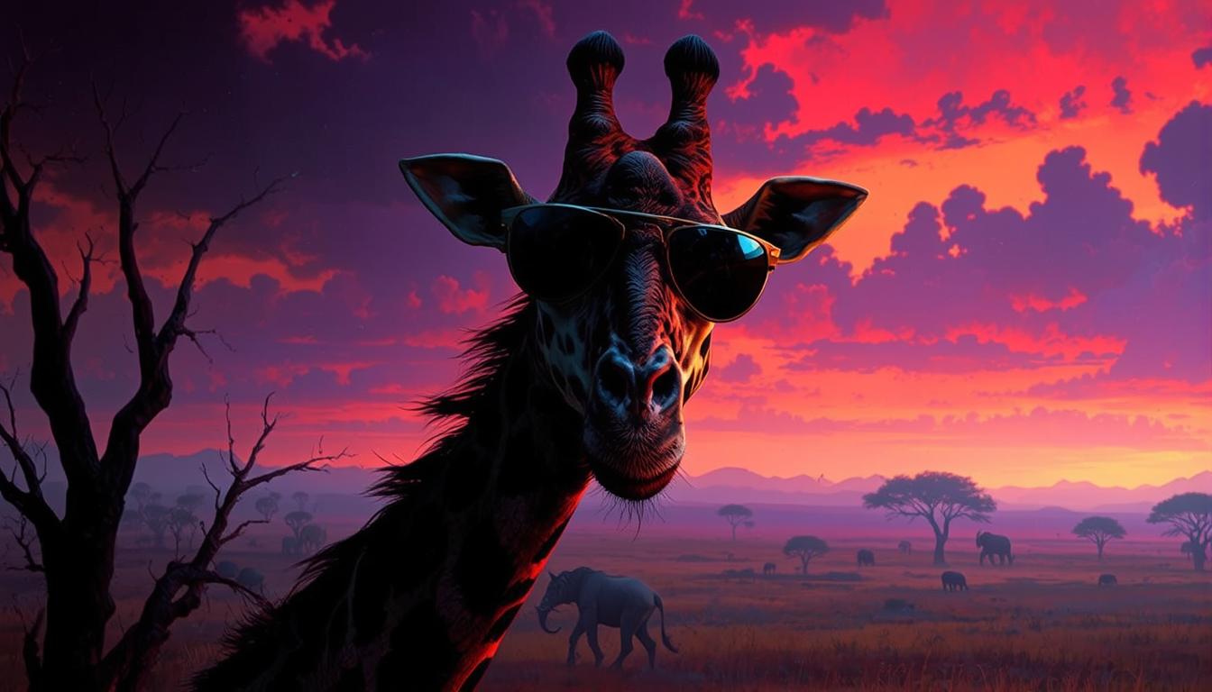 FantasyArt style, low-light horror movie scene, colorful gradients.,  a giraffe wearing sunglasses on the savanna