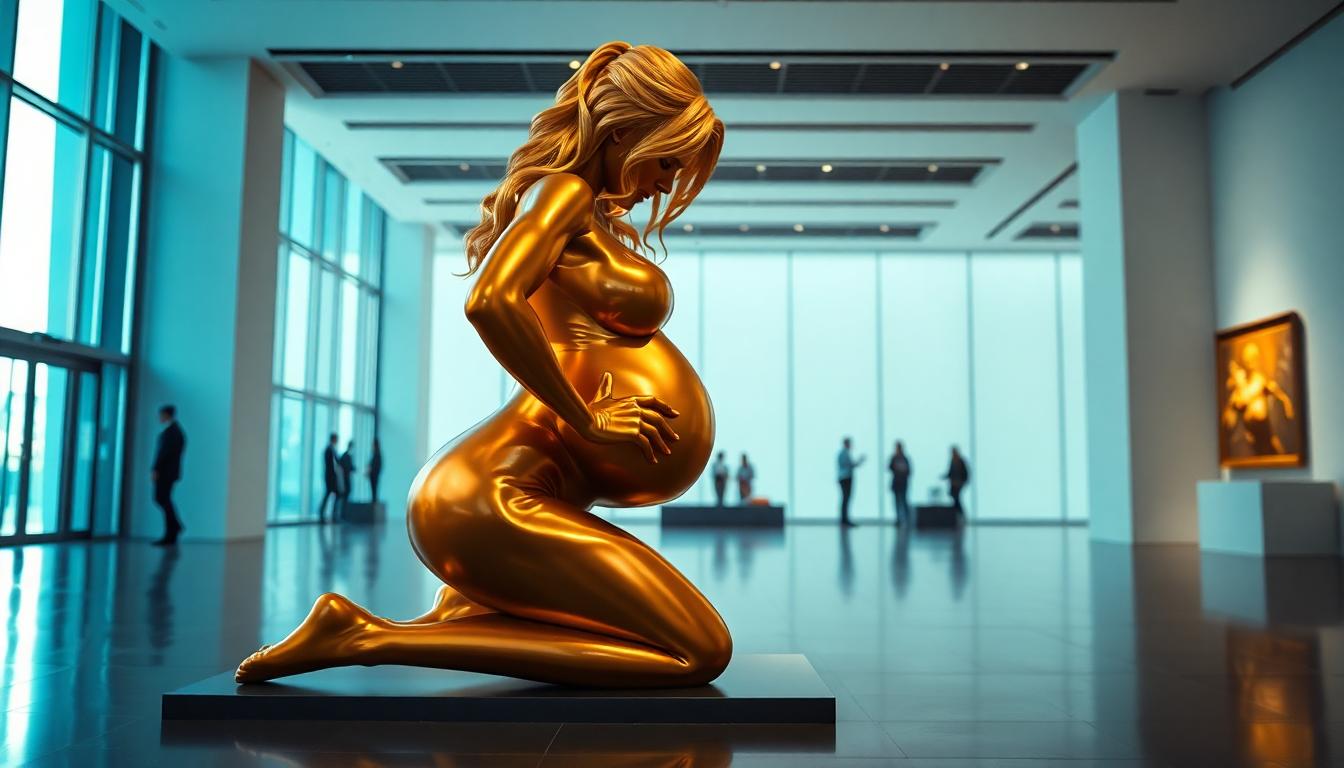 photo of a pregnant gold statue of naked Britney Spears in a modern art museum,  kneeling on all fours, seen from behind, cinematic lighting
