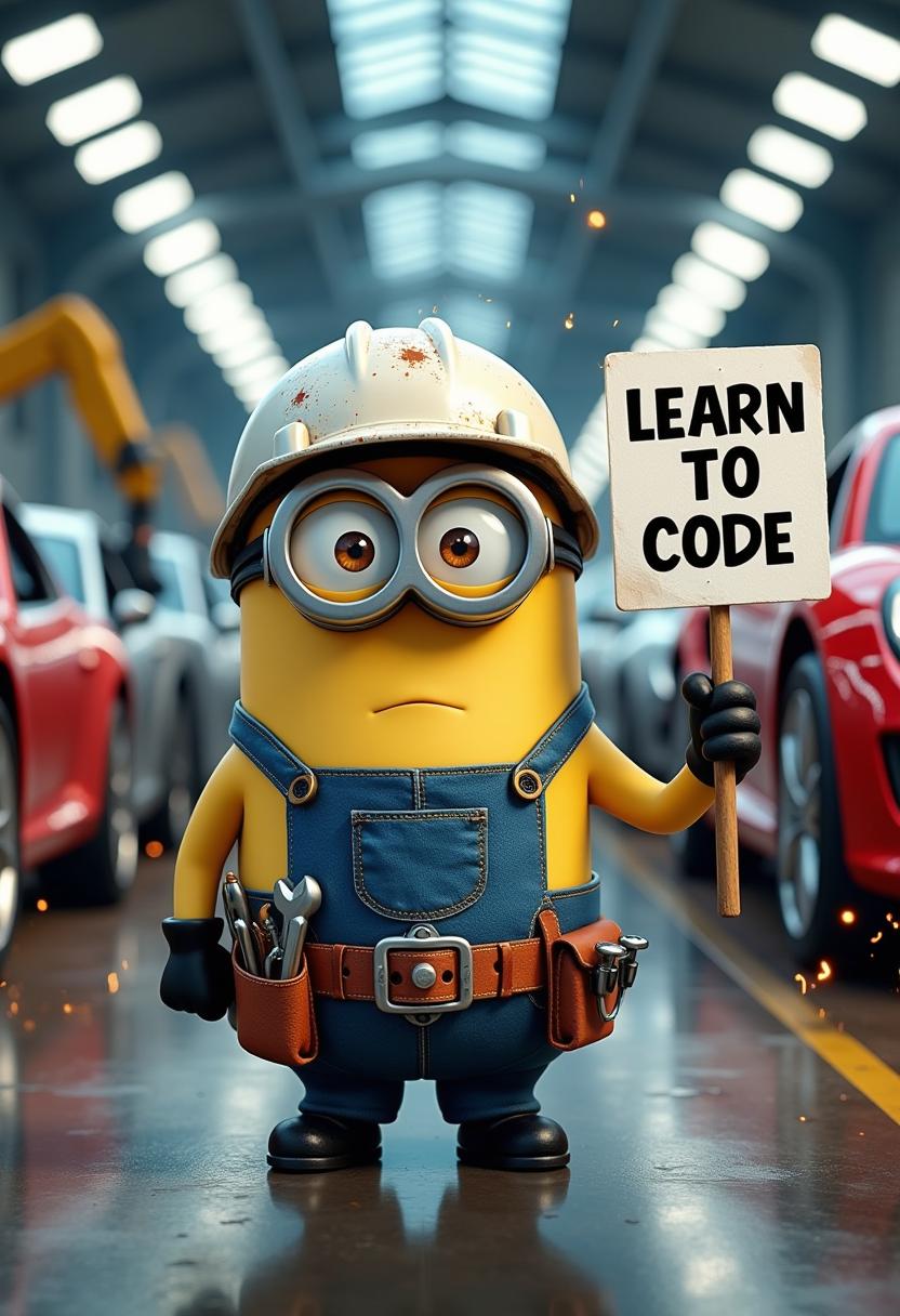 A whimsical and detailed scene featuring a Minion dressed as an auto worker mechanic, wearing a realistic navy-blue jumpsuit with oil stains and rolled-up sleeves, a tool belt filled with wrenches and screwdrivers, and a safety helmet slightly askew on its round head. The Minion stands confidently in the foreground, holding a large white sign with bold black text that reads "LEARN TO CODE." The background showcases a bustling automotive assembly line, with rows of sleek, partially assembled cars in metallic silver and red, robotic arms in motion, and sparks flying from welding stations. The composition is framed from a low angle to emphasize the Minion's quirky dominance in the scene, with the assembly line stretching into the distance for depth. The lighting is industrial, with harsh fluorescent overhead lights casting sharp shadows and highlighting the gritty textures of metal and machinery. The mood is humorous yet grounded, blending the playful nature of the Minion with the serious, hardworking atmosphere of a factory. Rendered in a vibrant, cartoonish style with hyper-detailed textures and a cinematic depth of field, capturing the contrast between the comical character and the realistic industrial setting.