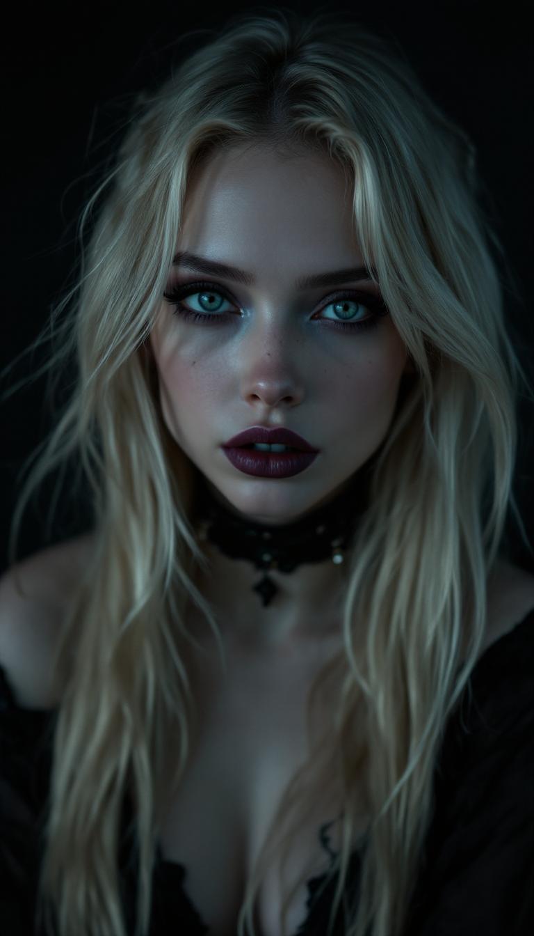 dimly lit film still of a blonde gothic girl looking lazy right into the camera, wearing black leather collar, amazing beautiful face, perfect clear big eyes, pale skin, detailed skin, skin pores, skin imperfection,  very long straight blond hair, dark purple gothic makeup, 
moody ambient lighting creating soft highlights and shadows, (detailed skin and subtle textures), ((full lips)), gentle focus on her face and upper body, wide-angle perspective, soft vignetting, cinematic lens depth, bokeh in the background, refined and intimate composition, emotional realism, dark background