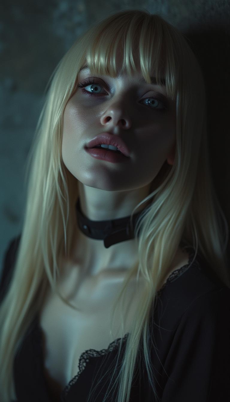 dimly lit film still of a blonde gothic girl looking lazy right into the camera, wearing black leather collar, amazing beautiful face, perfect clear big eyes, pale skin, detailed skin, skin pores, skin imperfection,  very long straight blond hair, dark purple gothic makeup, 
moody ambient lighting creating soft highlights and shadows, (detailed skin and subtle textures), ((full lips)), gentle focus on her face and upper body, wide-angle perspective, soft vignetting, cinematic lens depth, bokeh in the background, refined and intimate composition, emotional realism, dark background
