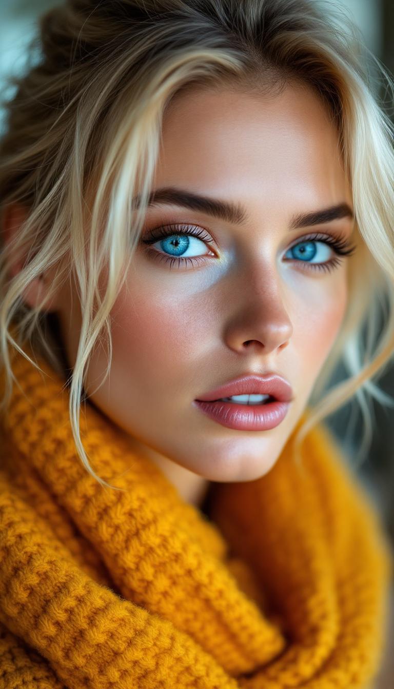 Extremely beautiful woman, blonde hair, big beautiful bright blue eyes, editorial, Vogue magazine cover photoshoot, Shot using a Leica Summilux-M 35mm f/1.4 ASPH lens