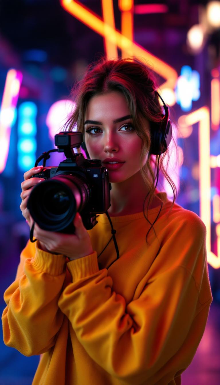 High-resolution stock photo full body shot, cinematic style, of a beautiful woman holding a modern video camera, neon LED strips vibrant, against a modern enchanted background, film-like composition and lighting, professional quality.