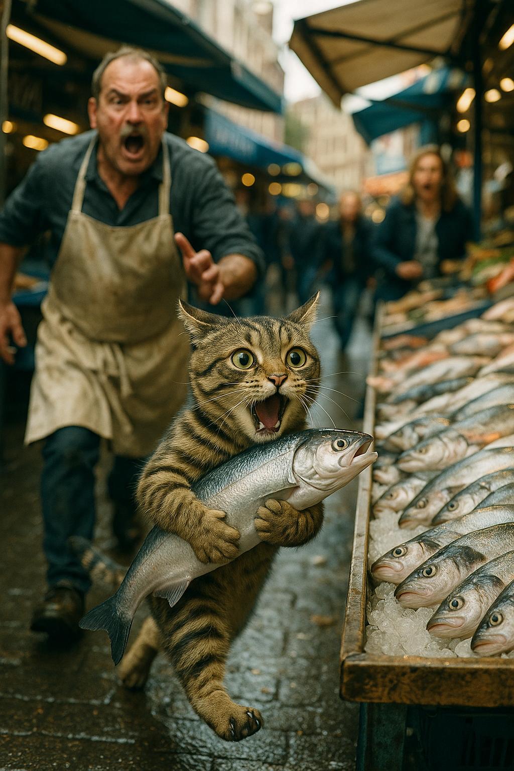 A photorealistic, ultra detailed, humorous scene on a bustling dutch street market. A small young tabby cat anthropomorphized, running on two legs while tightly hugging a large, shiny silver fish. The cat has a determined, dramatic facial expression with wide eyes and an open mouth, as if mid-shout. Behind the cat, a shocked fish vendor in an apron is chasing after it, yelling. Fresh fishes are laid out on a market stall to the right, displayed on ice. The background features open stalls, market signs, and a few bystanders reacting in surprise. Dynamic lighting, rich details, cinematic composition, freeze-frame action shot, aspect ratio: 9:16, but don't give it a yellow/orange/brown hue. 8k uhd natural lighting, raw, rich, intricate details, key visual, atmospheric lighting, 35mm photograph, film, bokeh, professional, 4k, highly detailed, cinematic, colorful background, 8k, dramatic lighting, highly detailed, hyper realistic, intricate, intricate sharp details, fighting.