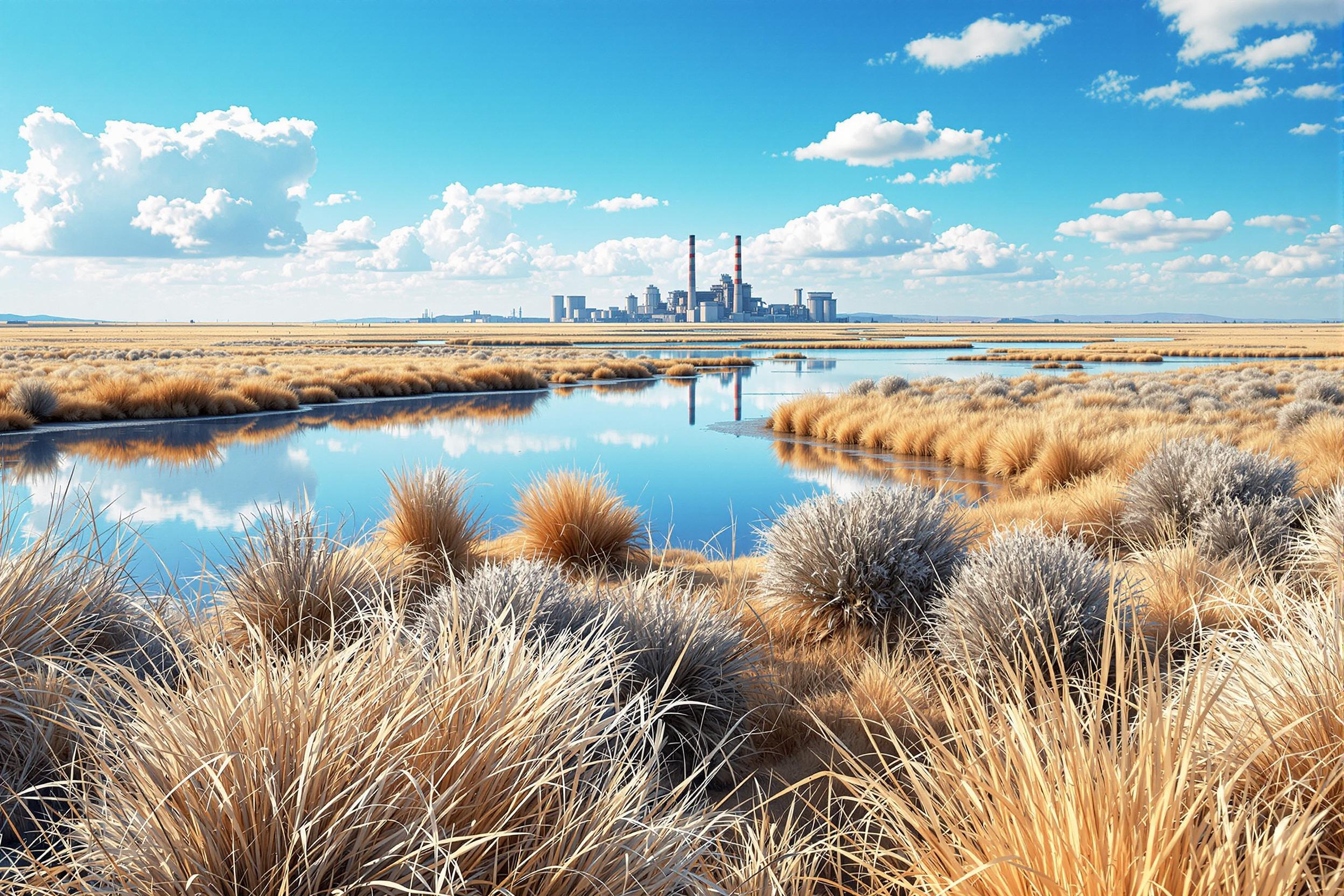 A breathtaking aerial view of a vast, open landscape captured in a hyper-realistic, high-resolution photographic style. The scene unfolds under a clear, vivid blue sky dotted with soft, fluffy white clouds scattered across the expanse. Below, the earth stretches endlessly, showcasing a natural palette of light beige to golden brown grasses and shrubs in the foreground, their textures intricate and varied, with tufts of dry, late summer or early autumn grass swaying gently in the breeze. Reflective water bodies in the middle ground mirror the sky and surrounding landscape, introducing calming shades of blue that blend seamlessly with the earthy tones. In the distance, a large industrial facility with two prominent smokestacks rises, its stark, man-made forms contrasting sharply with the organic beauty of the untouched wilderness, symbolizing the tension between nature and human development. The composition is framed to emphasize depth, with a clear horizon line guiding the eye from the detailed foreground to the receding industrial structures and water bodies far beyond. The lighting is bright and even, characteristic of midday, with the sun high overhead casting subtle, soft shadows that enhance the realism of the scene. The mood is one of serene isolation, a tranquil wilderness undisturbed by visible wildlife or human activity, yet subtly marked by the distant presence of industry. The image is rendered with exceptional clarity and sharpness, capturing every blade of grass and ripple on the water, evoking a profound sense of openness and quiet contemplation.