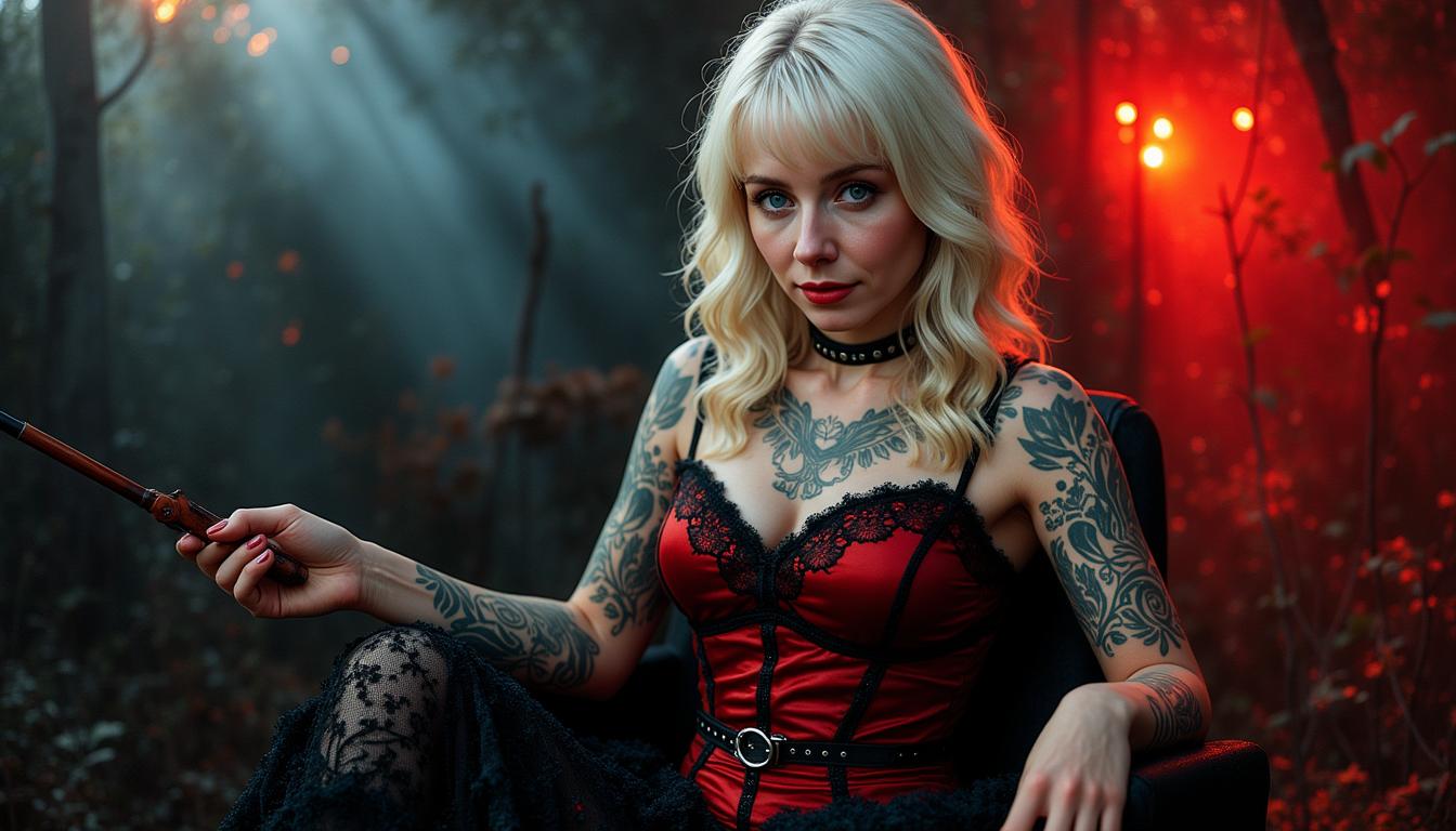 Kira1, Kira1, Oil painting of a magic woman styled as Hero Woman, seated in a gothic-inspired dark red and black dress, under twilight ambiance,white-blonde hair infused with gothic cyberpunk elements and bangs accentuating her facial structure, Cyperpunk inspired luminism coupled with Comic Artist ink technique, focus on ultra-realistic details, a conspicuous red lipstick mark, body embellished with vintage tattoo designs, an ancient 